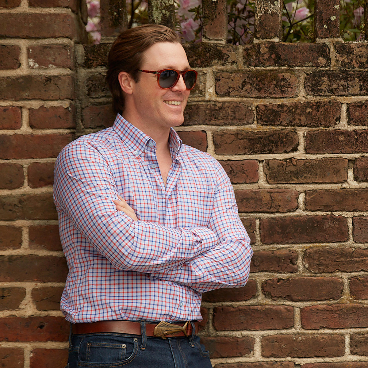 Enjoy the luxury of 100% cotton, Italian made quality, and stunning red and blue check.  100% Cotton • Button Down Collar • Long Sleeve • Contrast Buttons • Chest Pocket • Machine Washable • Made in Italy