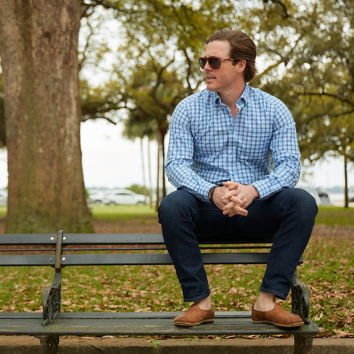 Enjoy the luxury of 100% cotton, Italian made quality, and bold navy &amp; light blue plaid.  100% Cotton • Button Down Collar • Long Sleeve • Contrast Buttons • Chest Pocket • Machine Washable • Made in Italy