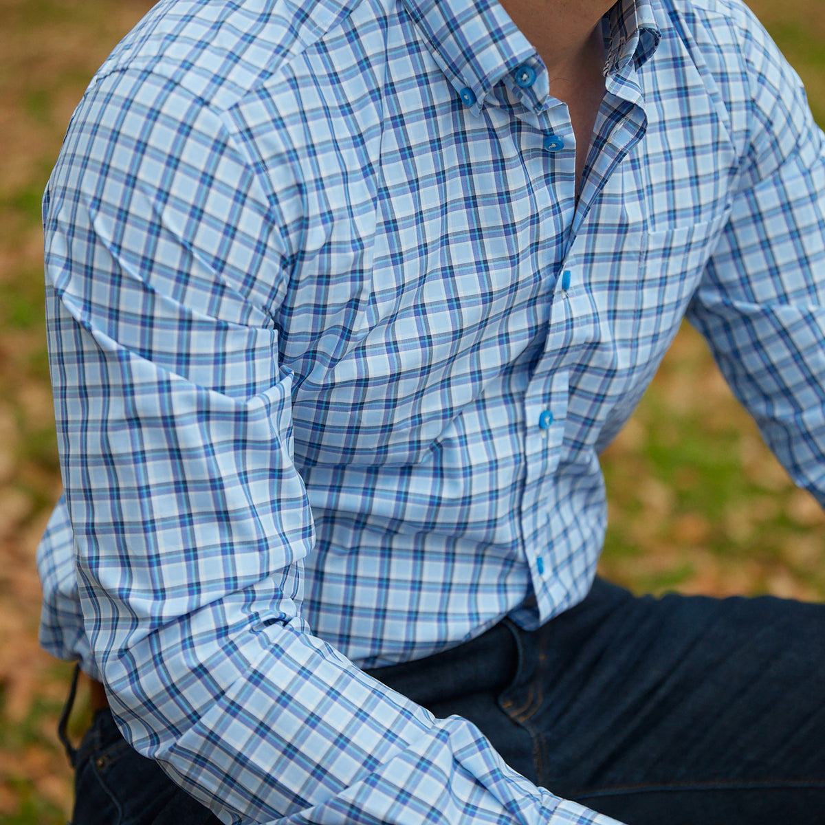 Enjoy the luxury of 100% cotton, Italian made quality, and bold navy &amp; light blue plaid.  100% Cotton • Button Down Collar • Long Sleeve • Contrast Buttons • Chest Pocket • Machine Washable • Made in Italy