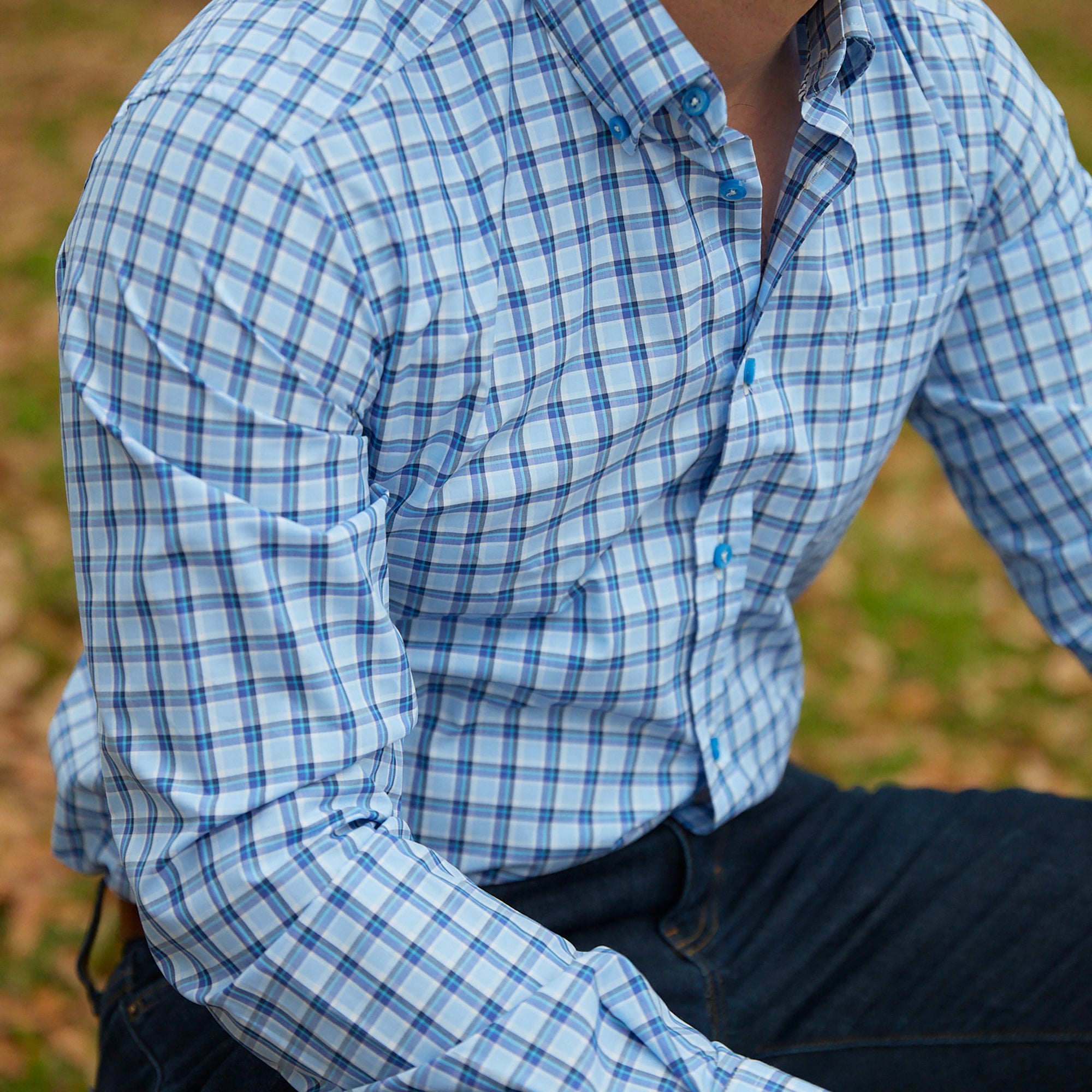 Enjoy the luxury of 100% cotton, Italian made quality, and bold navy & light blue plaid.  100% Cotton • Button Down Collar • Long Sleeve • Contrast Buttons • Chest Pocket • Machine Washable • Made in Italy 