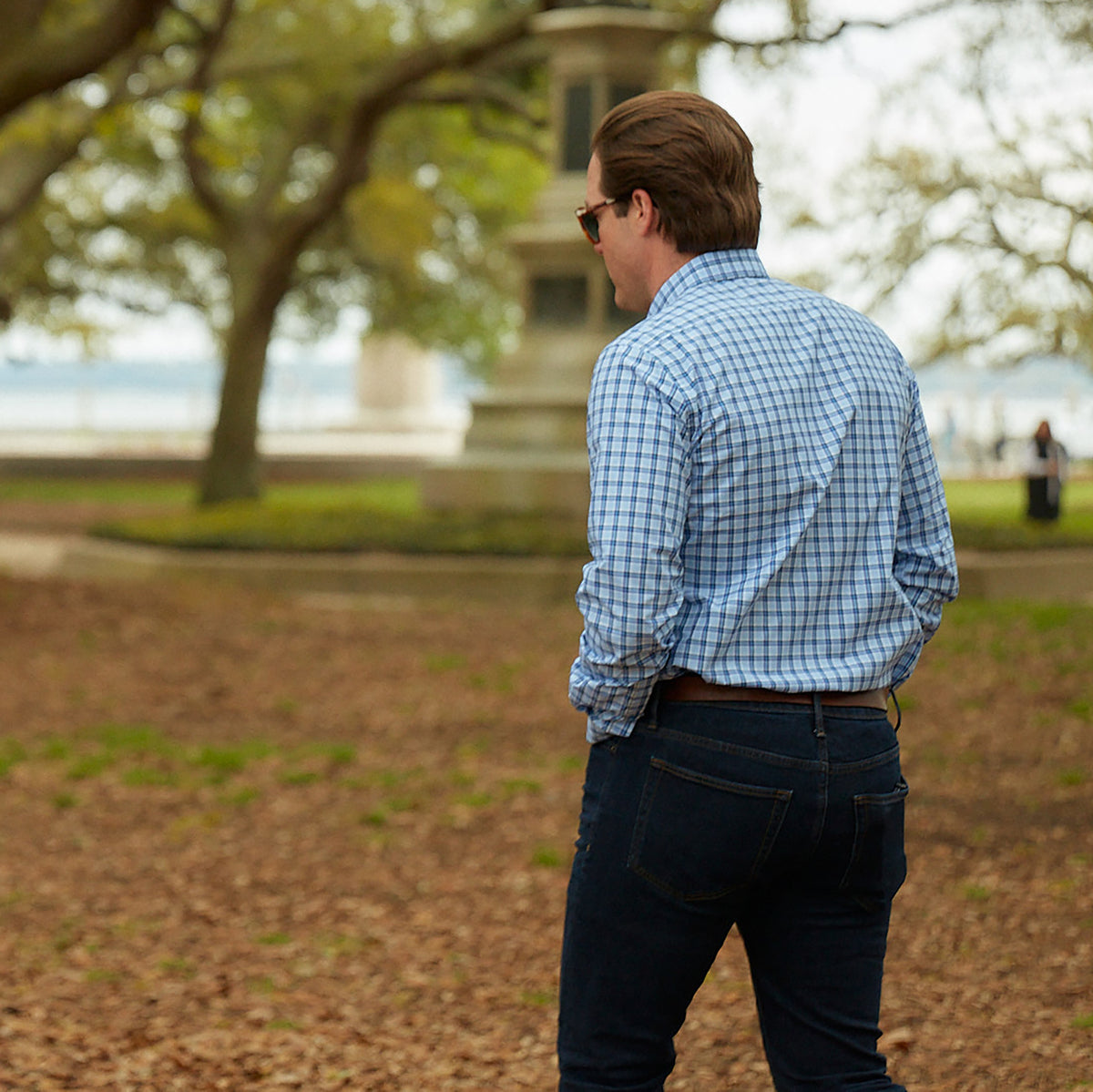 Enjoy the luxury of 100% cotton, Italian made quality, and bold navy &amp; light blue plaid.  100% Cotton • Button Down Collar • Long Sleeve • Contrast Buttons • Chest Pocket • Machine Washable • Made in Italy