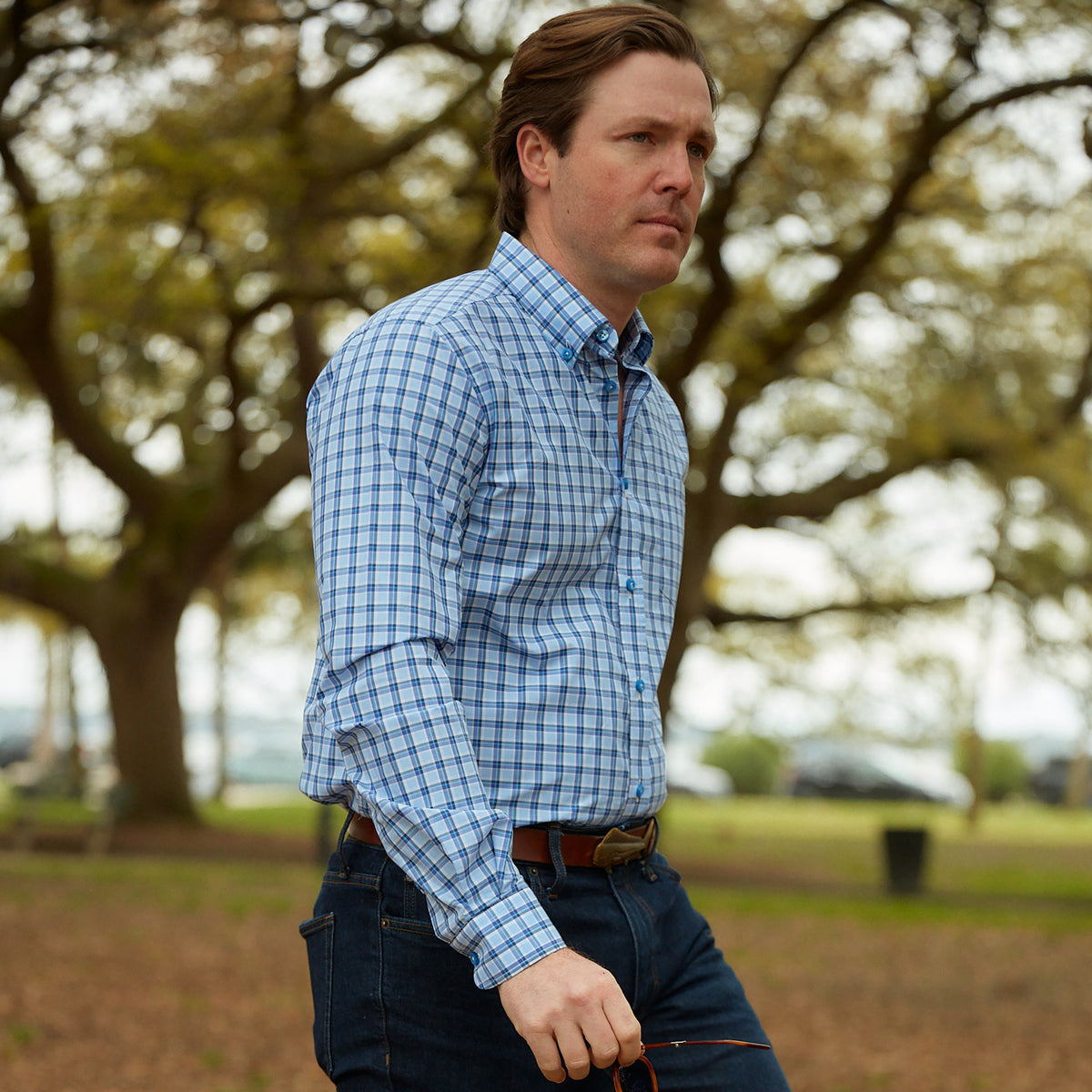 Enjoy the luxury of 100% cotton, Italian made quality, and bold navy &amp; light blue plaid.  100% Cotton • Button Down Collar • Long Sleeve • Contrast Buttons • Chest Pocket • Machine Washable • Made in Italy