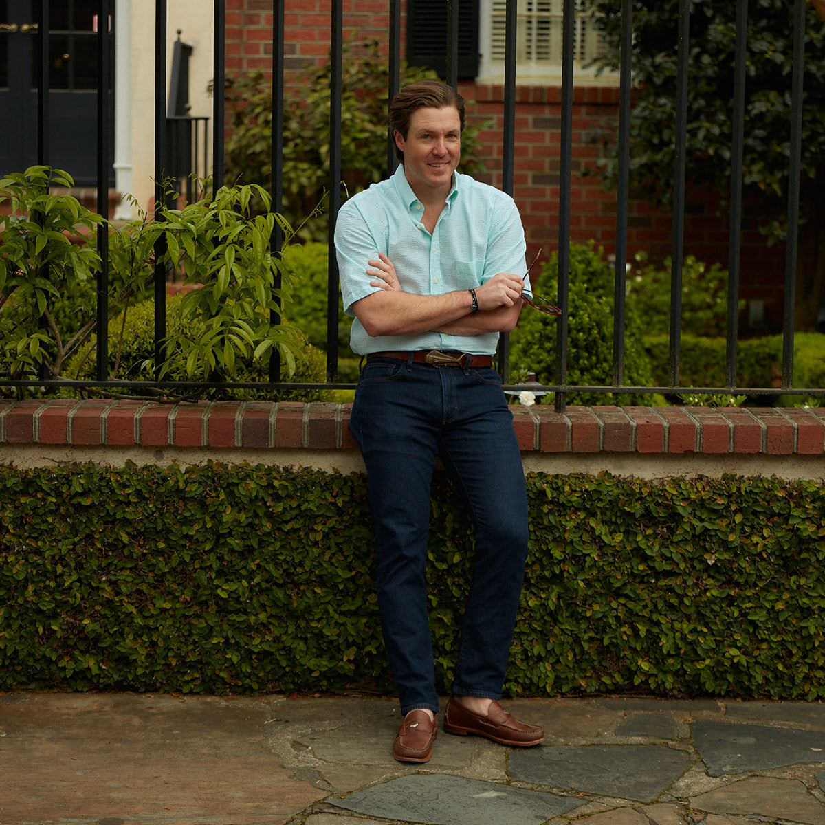 Seersucker all year long in a minty green seersucker shirt. Subtle, lightweight, and a texture they begs a second look.  100% Cotton Seersucker • Button Down Collar • Short Sleeve • Chest Pocket • Machine Washable • Made in Italy