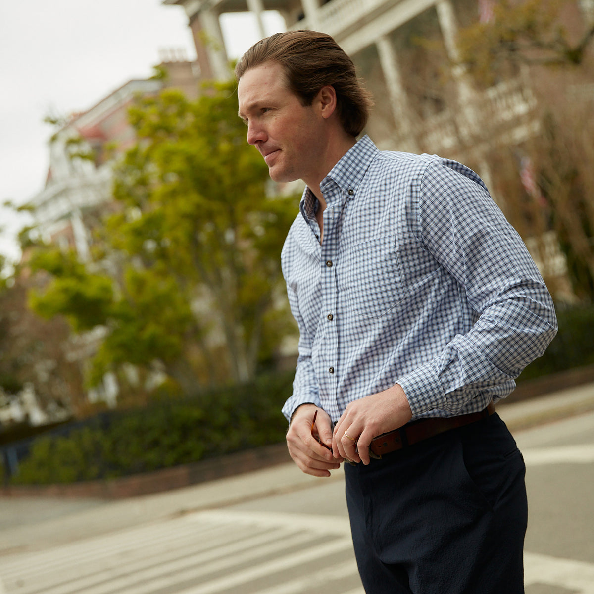 Enjoy the luxury of 100% cotton, Italian made quality, and eye-catching blue and brown graph check.  100% Cotton • Button Down Collar • Long Sleeve • Contrast Buttons • Chest Pocket • Machine Washable • Made in Italy
