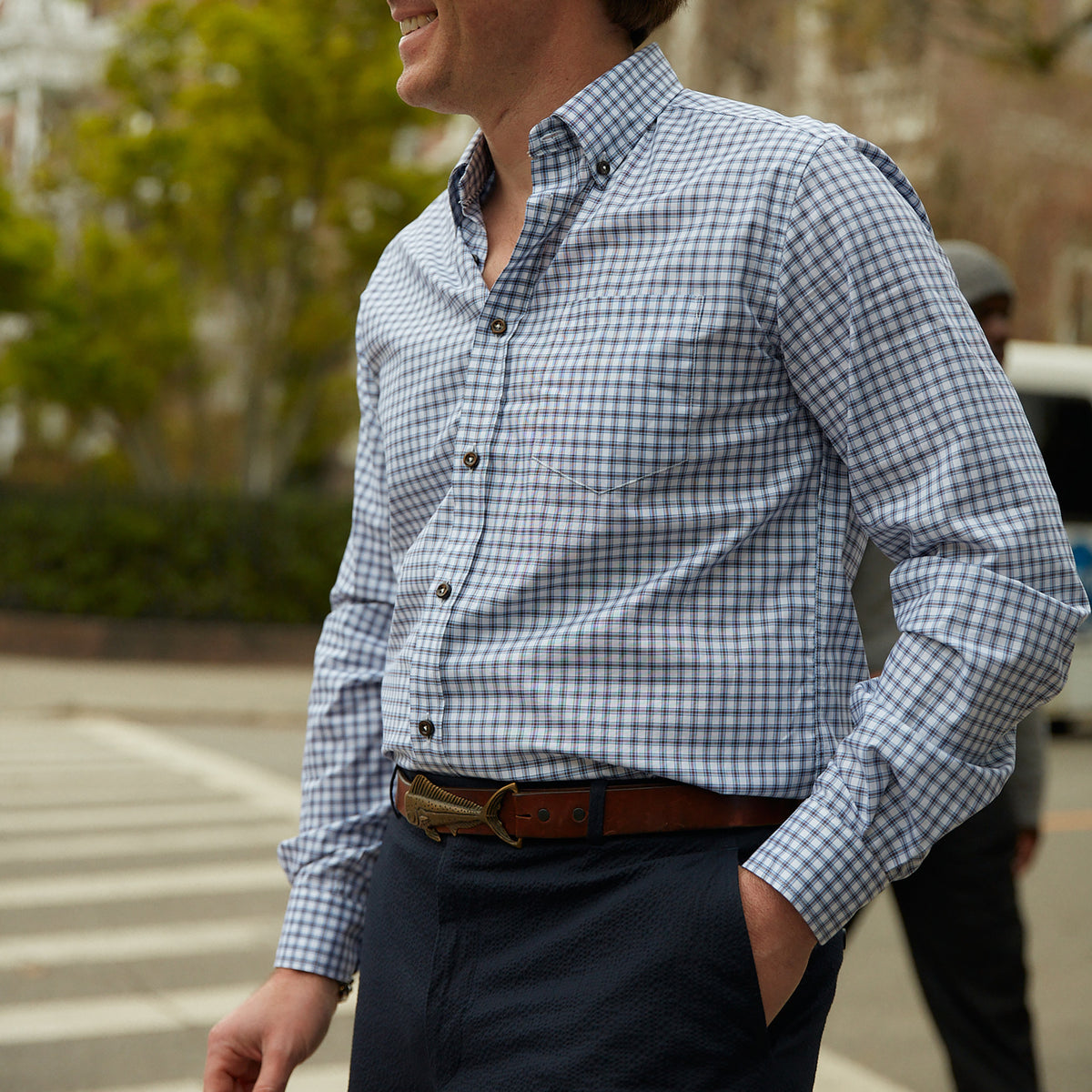 Enjoy the luxury of 100% cotton, Italian made quality, and eye-catching blue and brown graph check.  100% Cotton • Button Down Collar • Long Sleeve • Contrast Buttons • Chest Pocket • Machine Washable • Made in Italy