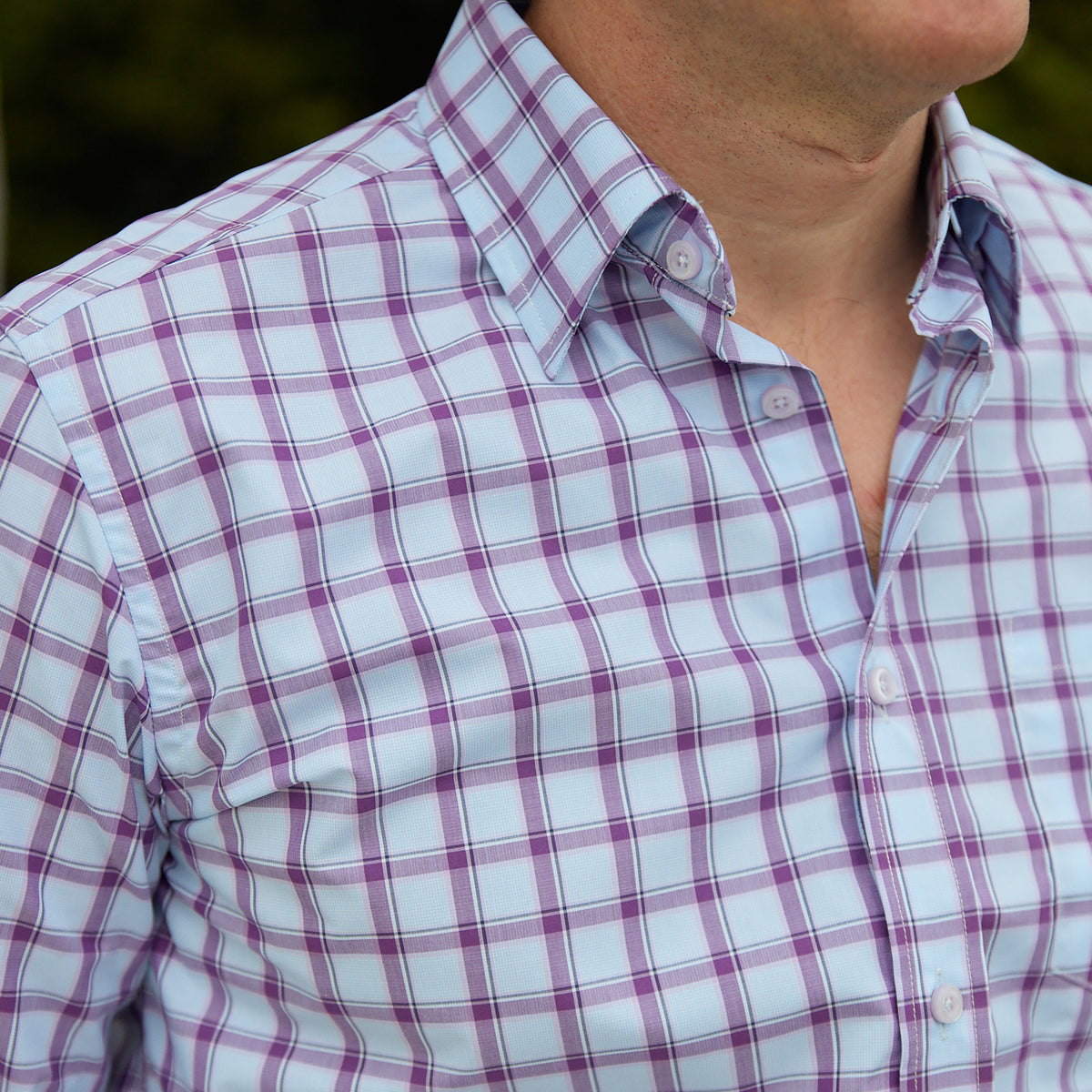 Bold lavender check and the luxury of 100% Italian made cotton is the look that checks all the boxes.  100% Cotton • Hidden Button Collar • Long Sleeve • Chest Pocket • Machine Washable • Made in Italy 