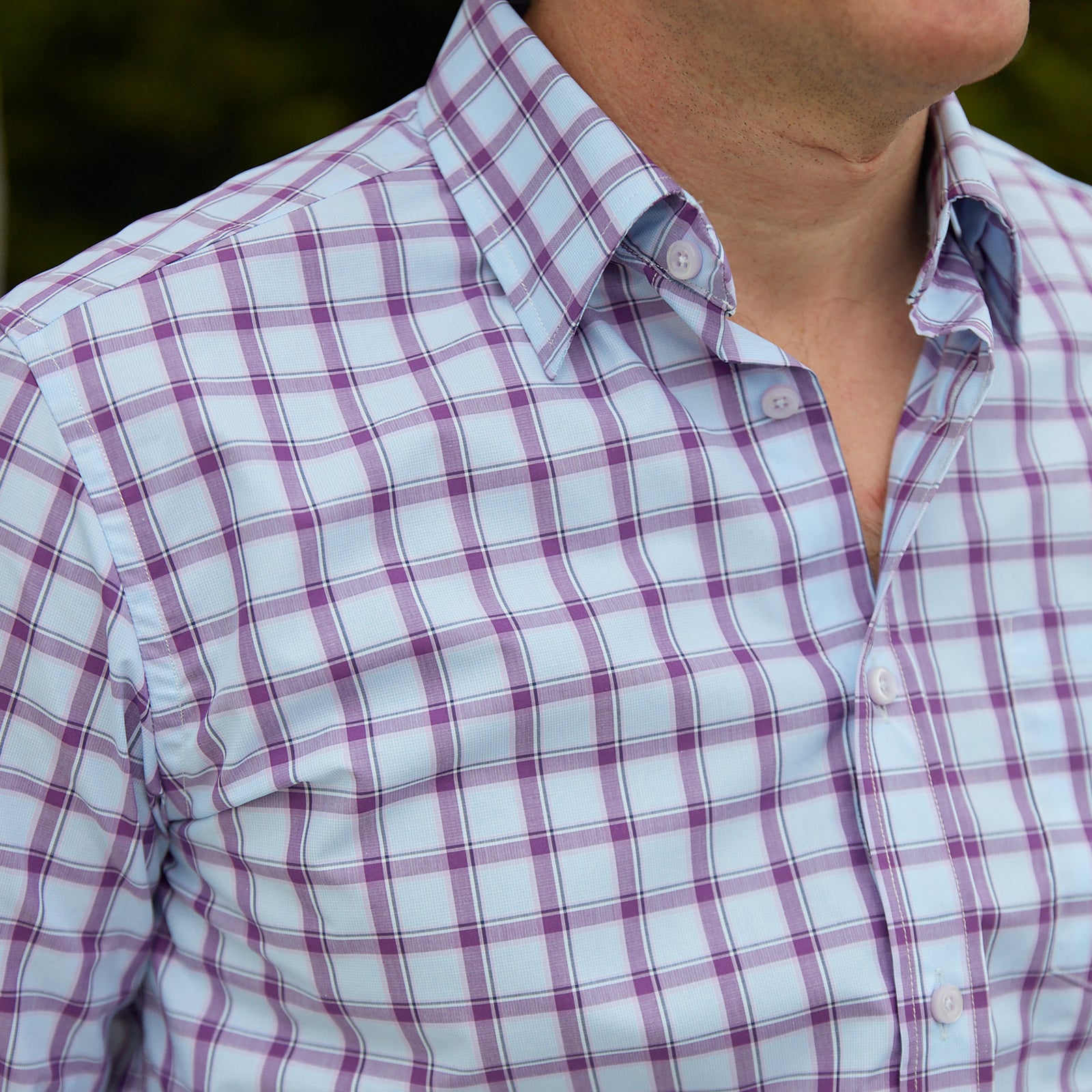 Bold lavender check and the luxury of 100% Italian made cotton is the look that checks all the boxes.  100% Cotton • Hidden Button Collar • Long Sleeve • Chest Pocket • Machine Washable • Made in Italy