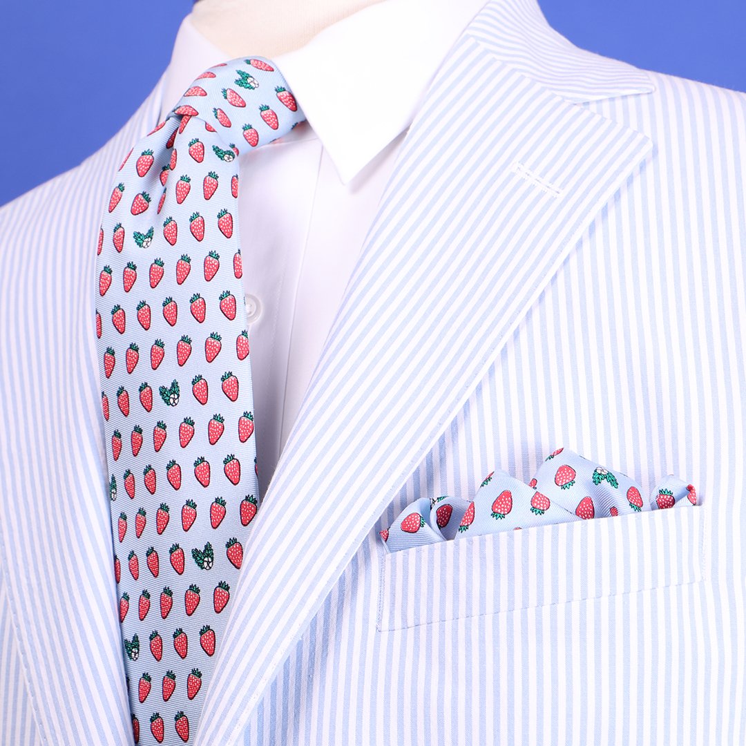 Limited Edition NOLA Couture X Haspel Lt. Blue Strawberry Print Tie - O/S