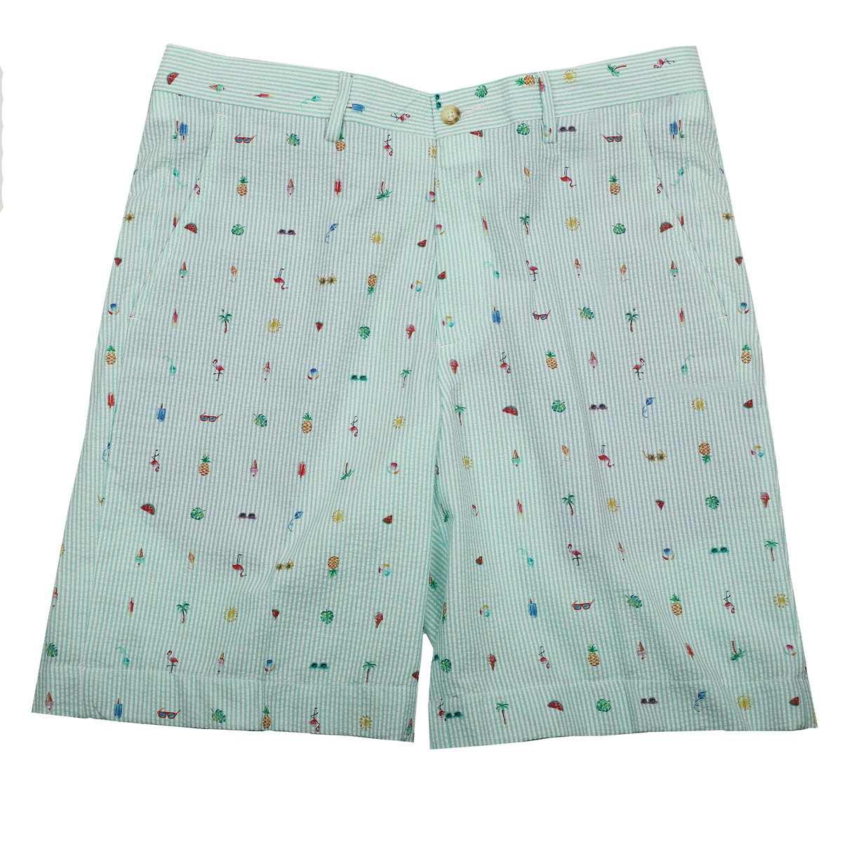 Green Printed Motif Seersucker Shorts