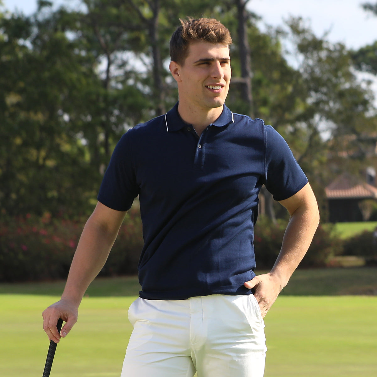 Our Sorrento Navy Fine Ribbed Light Weight Polo is your ticket to looking smart and feeling comfy on the course, pool, or beach. Whether you’re looking to make a statement on the links or just chill out in style, this navy polo is perfect for any occasion. Lightweight and finely ribbed, this polo is sure to keep you feeling fine and free!