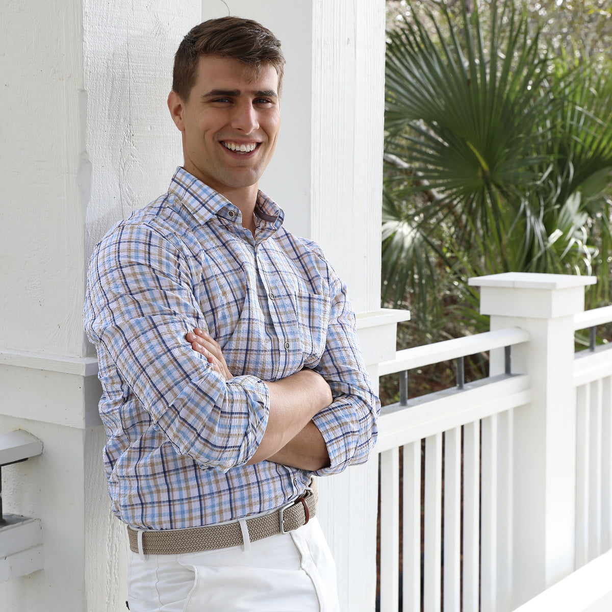 Look oh-so-cool and stay feeling hot with this Naples Blue &amp; Tan Long Sleeve Check Seersucker Shirt. Crafted from lightweight seersucker fabric that&#39;s craft fully dyed for a unique look, you&#39;ll be ready for warm weather, whatever the season. Pucker up for a style that&#39;ll have onlookers in awe.