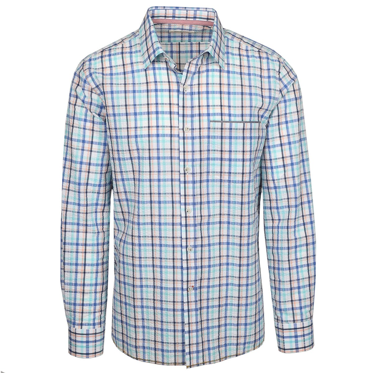 Look oh-so-cool and stay feeling hot with this Naples Royal Blue &amp; Teal Long Sleeve Check Seersucker Shirt. Crafted from lightweight seersucker fabric that&#39;s craft fully dyed for a unique look, you&#39;ll be ready for warm weather, whatever the season. Pucker up for a style that&#39;ll have onlookers in awe.