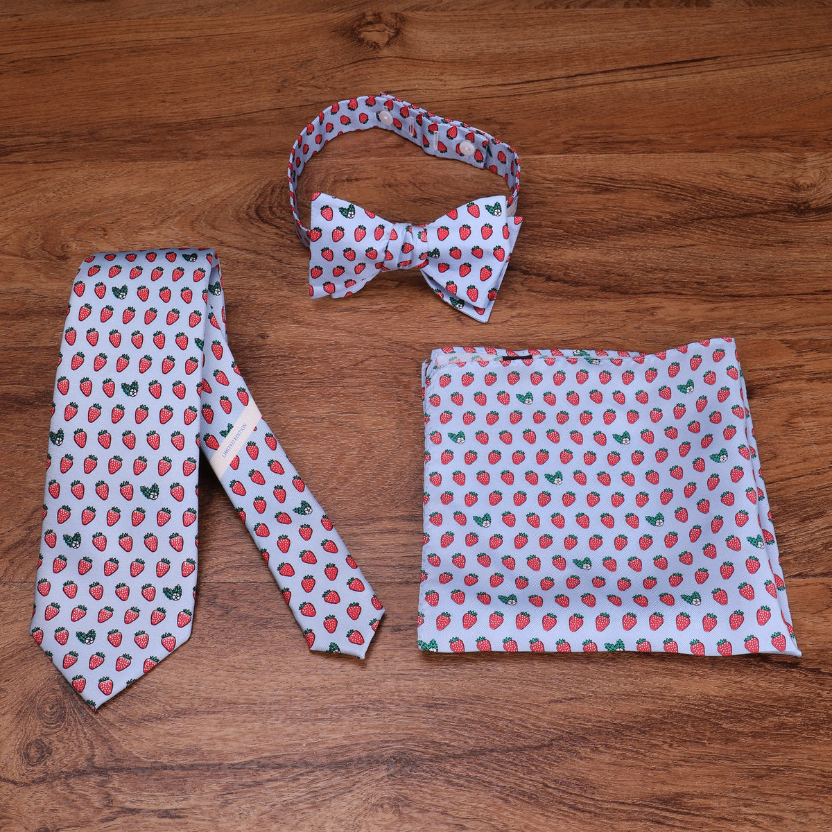 Limited Edition NOLA Couture X Haspel Lt. Blue Strawberry Print Bow Tie - O/S
