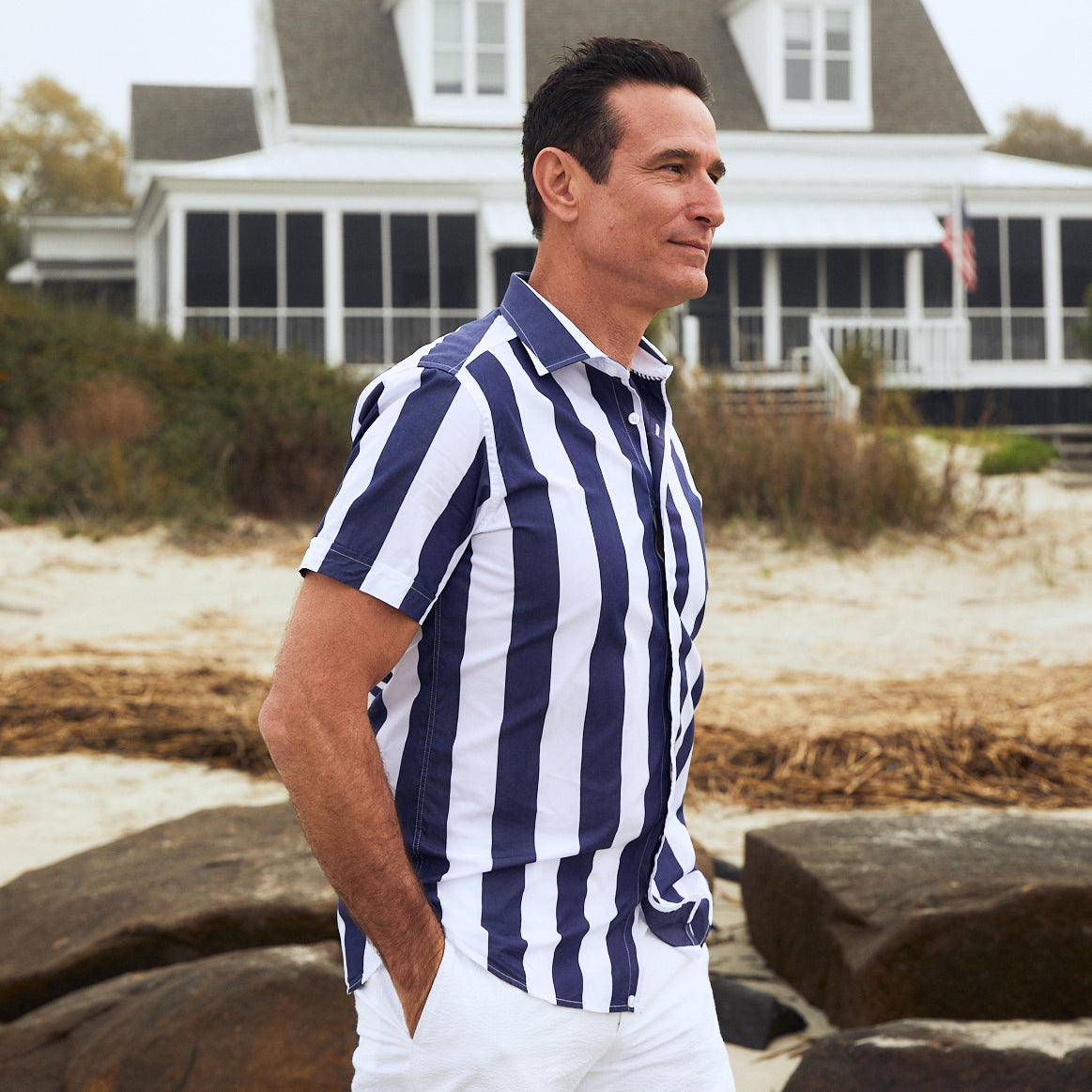 Men's Short Sleeve Shirts | Nicholson Navy & White Bold | Haspel