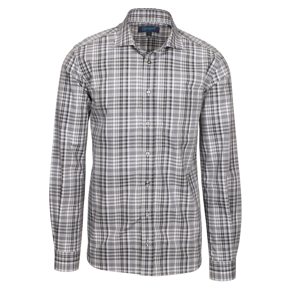 Charcoal buttons are the olive in the martini on this perfectly plaid grey beauty.  100% Cotton Seersucker  •  Spread Collar  •  Long Sleeve  •  Chest Pocket  •  Machine Washable  •  Made in Italy