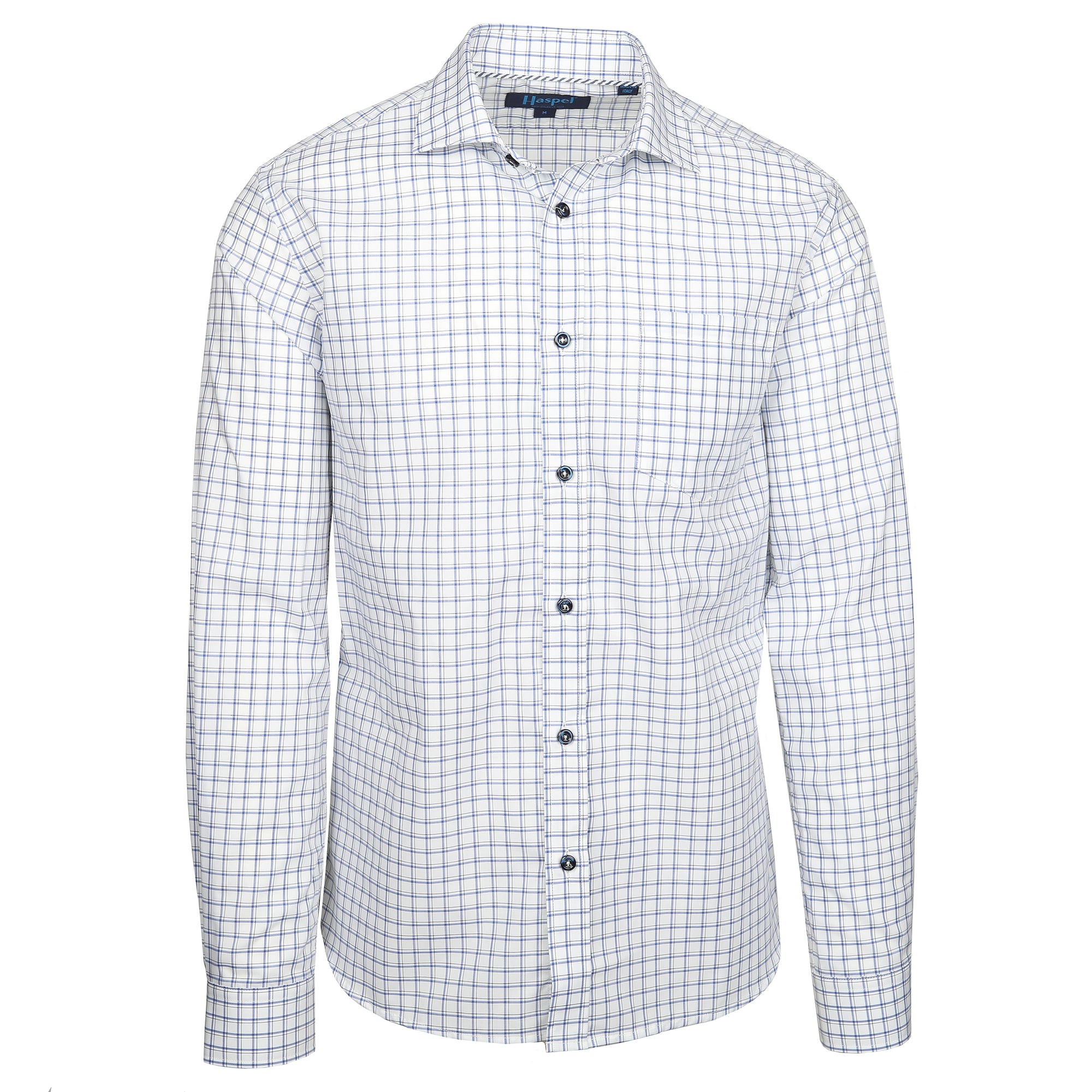 Enjoy the luxury of 100% cotton, Italian made quality, and light blue double check.  100% Cotton • Spread Collar • Long Sleeve • Chest Pocket • Machine Washable • Made in Italy 