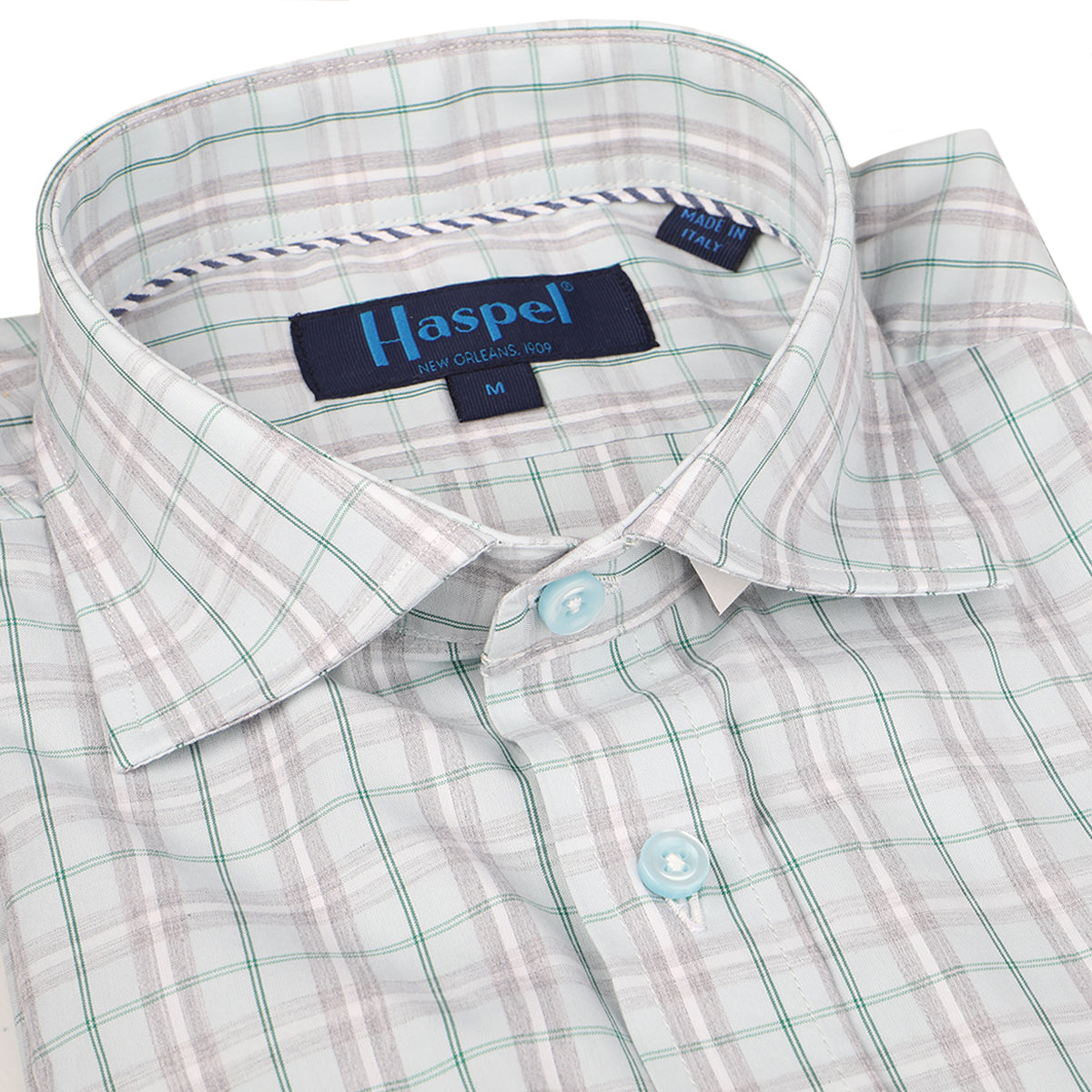 Fresh & minty, plaid and ready. Casual and classic.   100% Cotton  •  Long Sleeve  •  Spread Collar  •  Chest Pocket  •  Button Cuff  •  Machine Washable  •  Made in Italy Return Policy