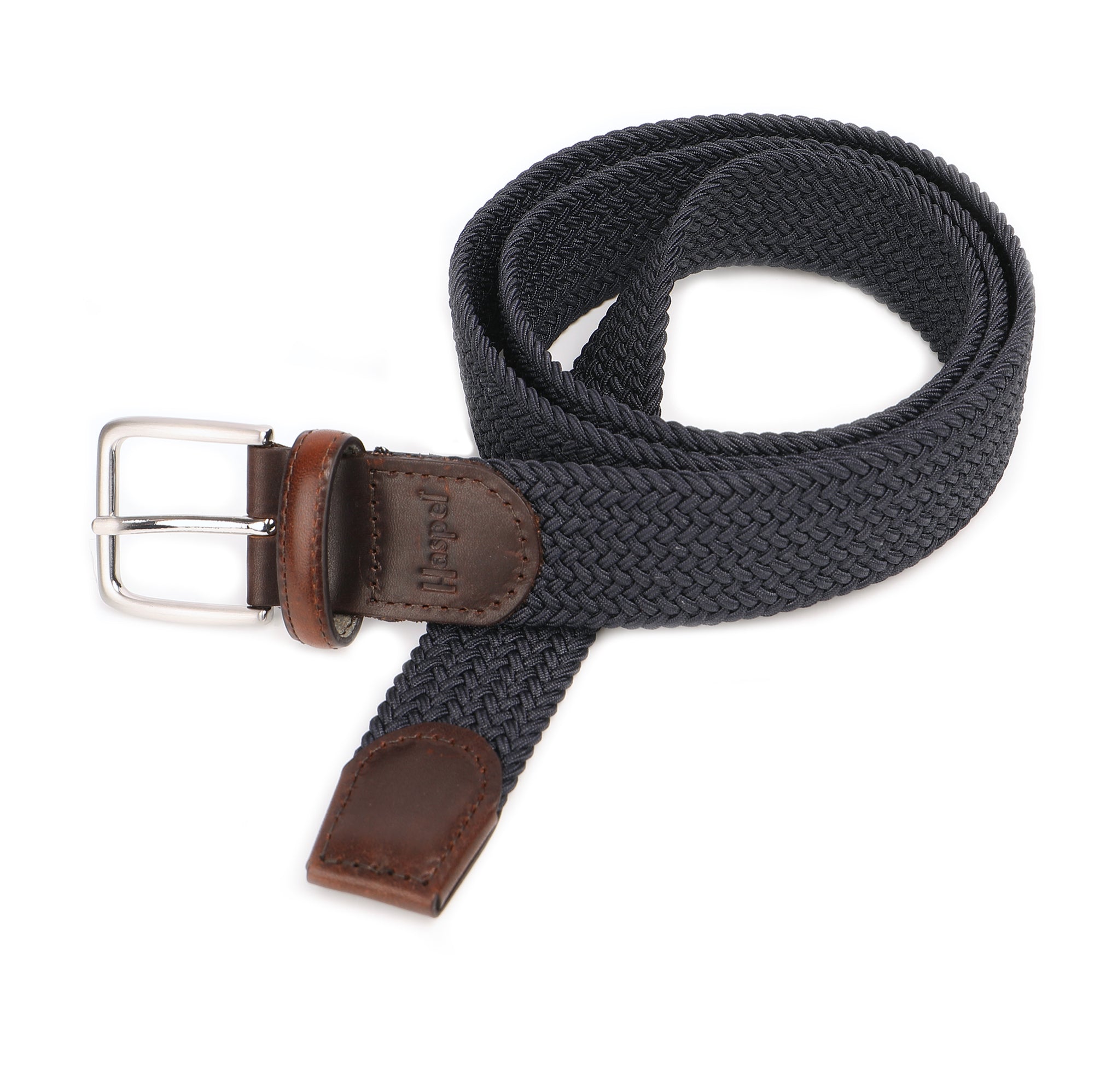 Our braided belts are woven to add a rich style to any look. Featuring leather end tabs, a solid nickel buckle with antique finish, and color choices in both solid and mult-colored of braided elastic.  Alpha Sizing • Braided elastic • Leather End Tabs • 1-1/4" Wide • Solid Nickel Buckle, Antique Finish • Imported