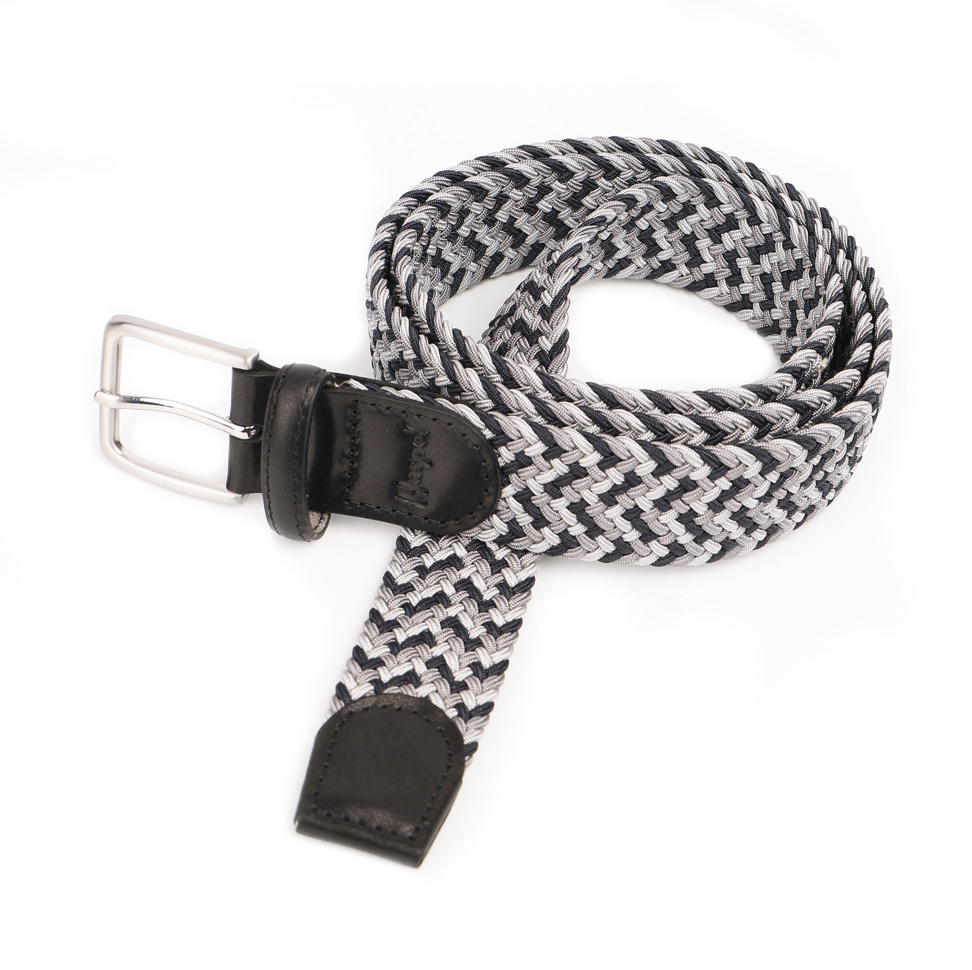 Our braided belts are woven to add a rich style to any look. Featuring leather end tabs, a solid nickel buckle with antique finish, and color choices in both solid and mult-colored of braided elastic.  Alpha Sizing • Braided elastic • Leather End Tabs • 1-1/4" Wide • Solid Nickel Buckle, Antique Finish • Imported