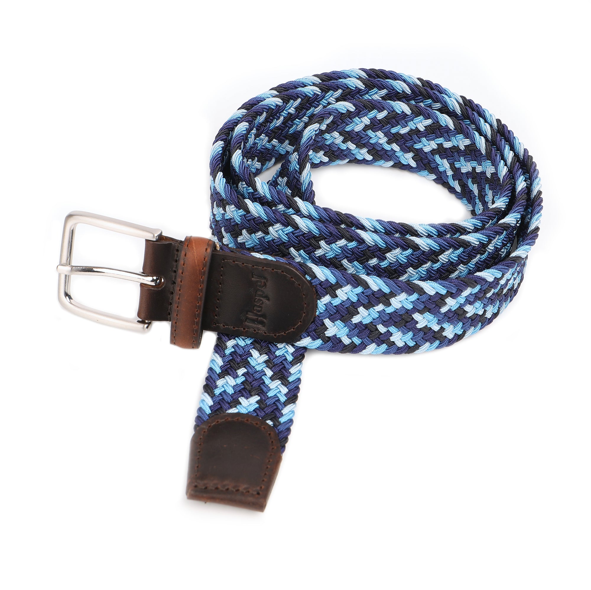 Our braided belts are woven to add a rich style to any look. Featuring leather end tabs, a solid nickel buckle with antique finish, and color choices in both solid and mult-colored of braided elastic.  Alpha Sizing • Braided elastic • Leather End Tabs • 1-1/4" Wide • Solid Nickel Buckle, Antique Finish • Imported