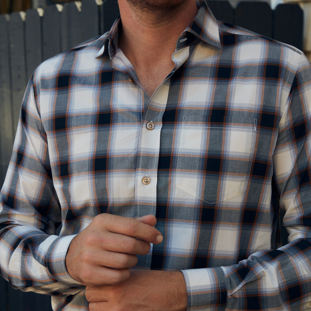 Who says you can&#39;t wear black and brown? Expertly paired, any colors can work. A little Haspel blue to brighten up this look, ready for anything.   100% Cotton Seersucker • Spread Collar • Long Sleeve • Chest Pocket • Machine Washable • Made in Italy 