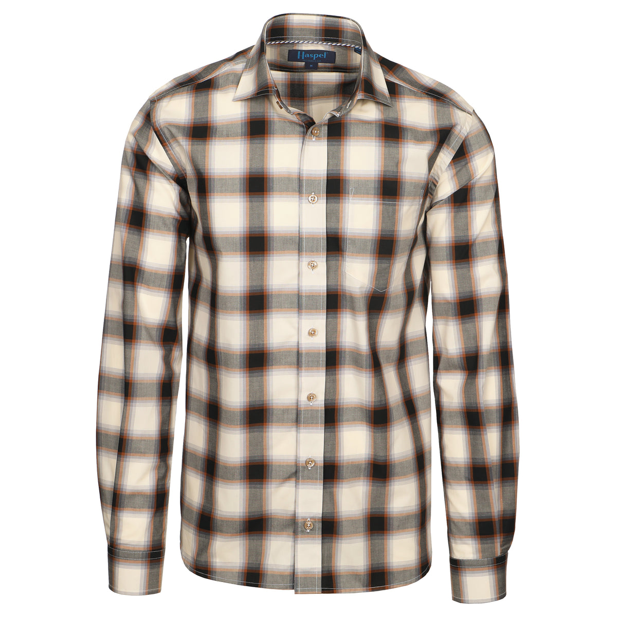 Who says you can&#39;t wear black and brown? Expertly paired, any colors can work. A little Haspel blue to brighten up this look, ready for anything.  100% Cotton Seersucker  •  Spread Collar  •  Long Sleeve  •  Chest Pocket  •  Machine Washable  •  Made in Italy 