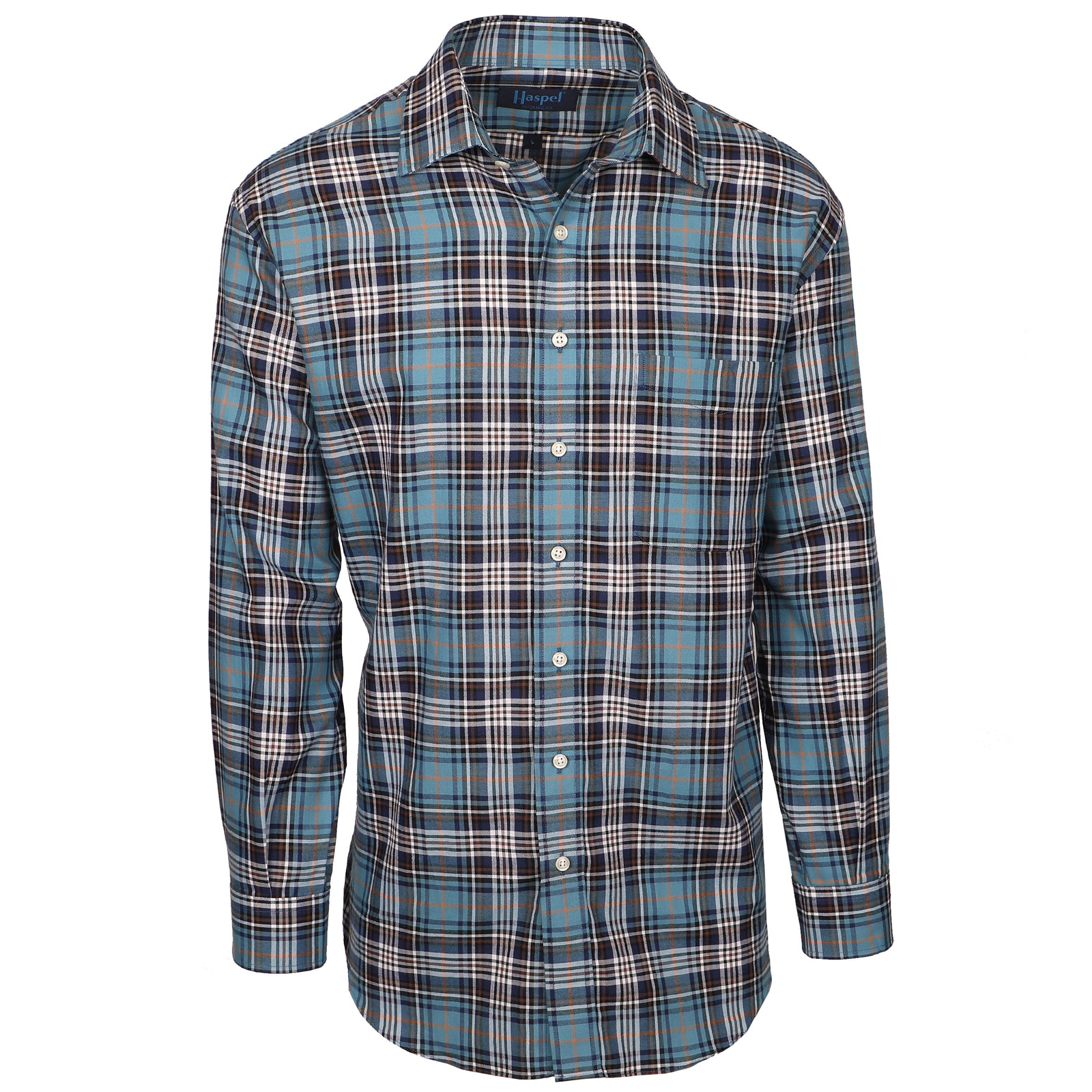 Bold blues and seasonal tones on soft brushed cotton. Cozy, lightweight and style for days.  100% Cotton • Long Sleeve • Spread Collar • Chest Pocket • Classic Fit