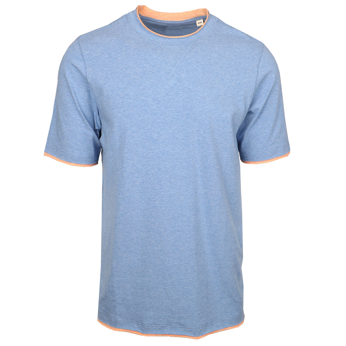Step out into the warm weather in confidence with the Pompeii Melange Contrast Crew T-Shirt. Crafted from 100% cotton, this mid-blue t-shirt stands out with a sharp orange contrast. Take on the summer with a daring fashion statement and make a statement wherever you go.   100% Luxe Cotton • Relaxed Fit • Contrast Edging • Machine Washable • Imported