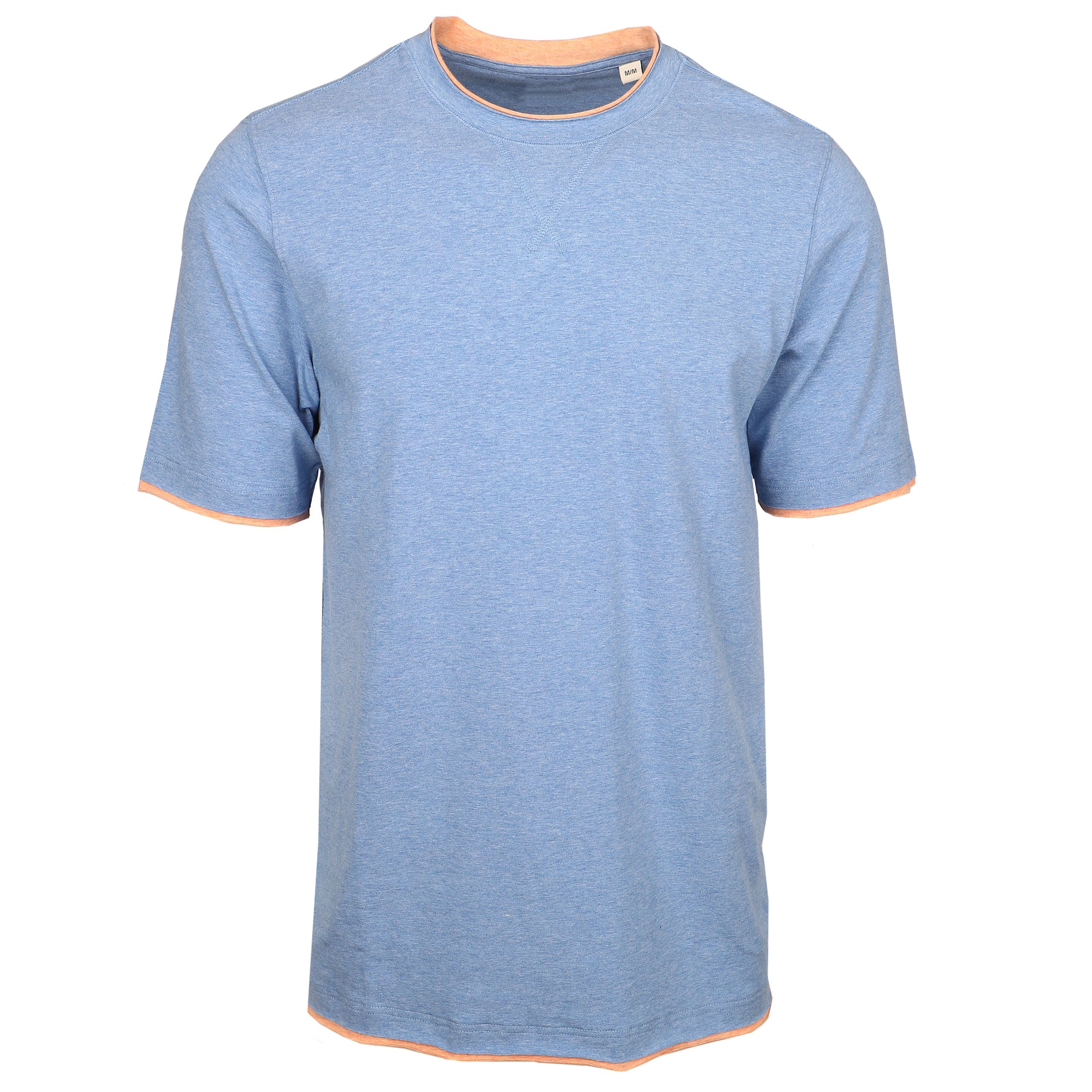 Step out into the warm weather in confidence with the Pompeii Melange Contrast Crew T-Shirt. Crafted from 100% cotton, this mid-blue t-shirt stands out with a sharp orange contrast. Take on the summer with a daring fashion statement and make a statement wherever you go.   100% Luxe Cotton • Relaxed Fit • Contrast Edging • Machine Washable • Imported