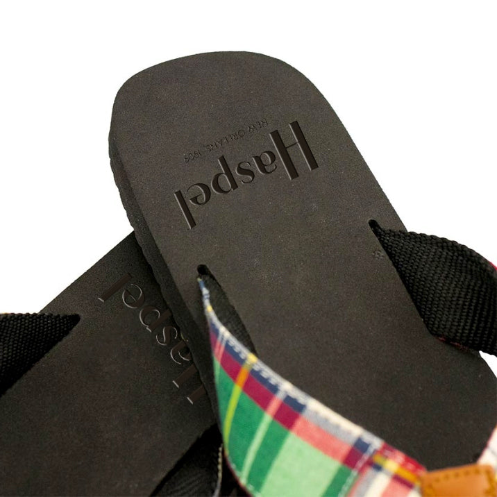 Classic madras between your toes and a tropical drink in each hand. You&#39;re on vacation or poolside in these beauties.   1-1/8&quot;Fabric Overlay Straps with Embossed Croco Leather Trim 7/8&quot; Dual Density EVA foot bed with Arch Support Genuine Rubber Outsole