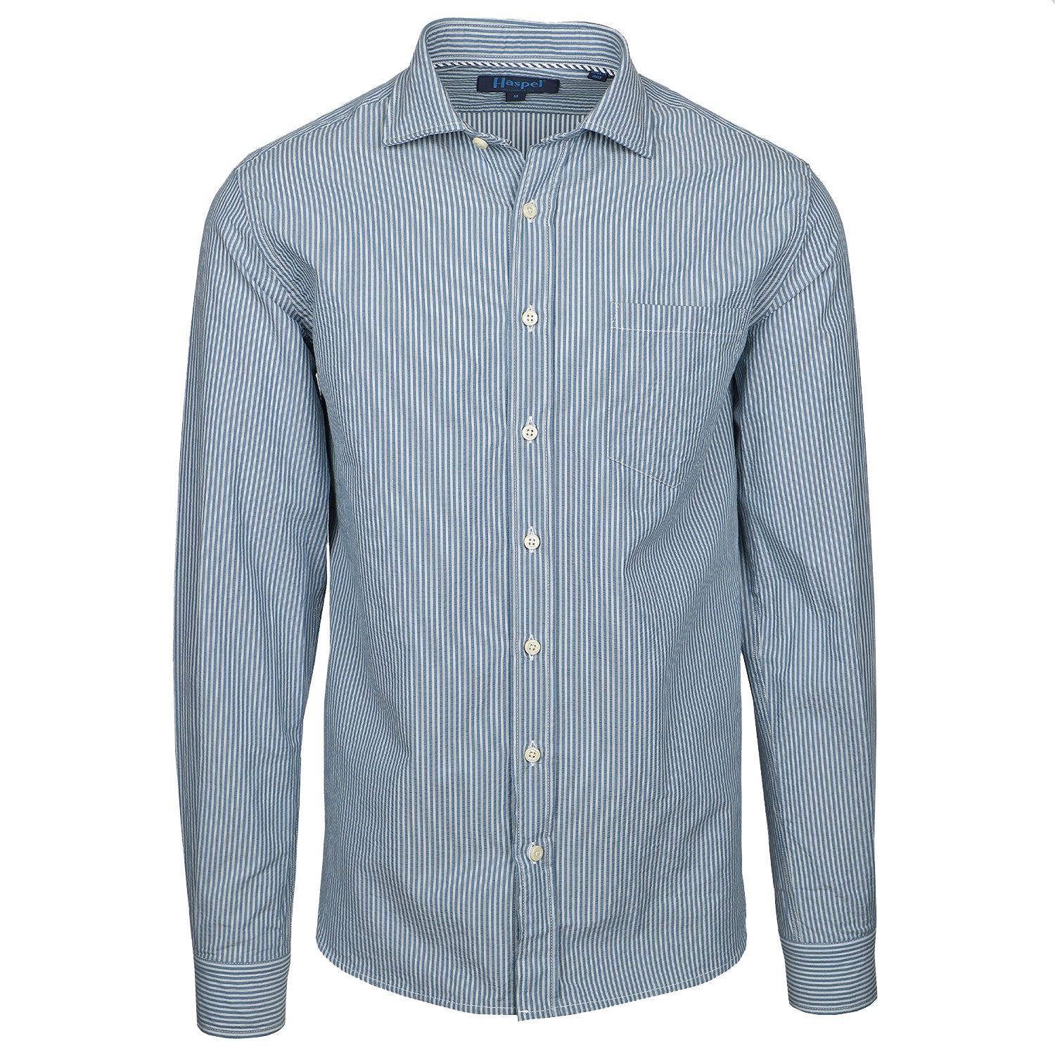 Classic white and navy subtle stripes and a texture that can't be beat. Beat the heat in seersucker.  100% Cotton Seersucker • Spread Collar • Long Sleeve • Chest Pocket • Machine Washable • Made in Italy 