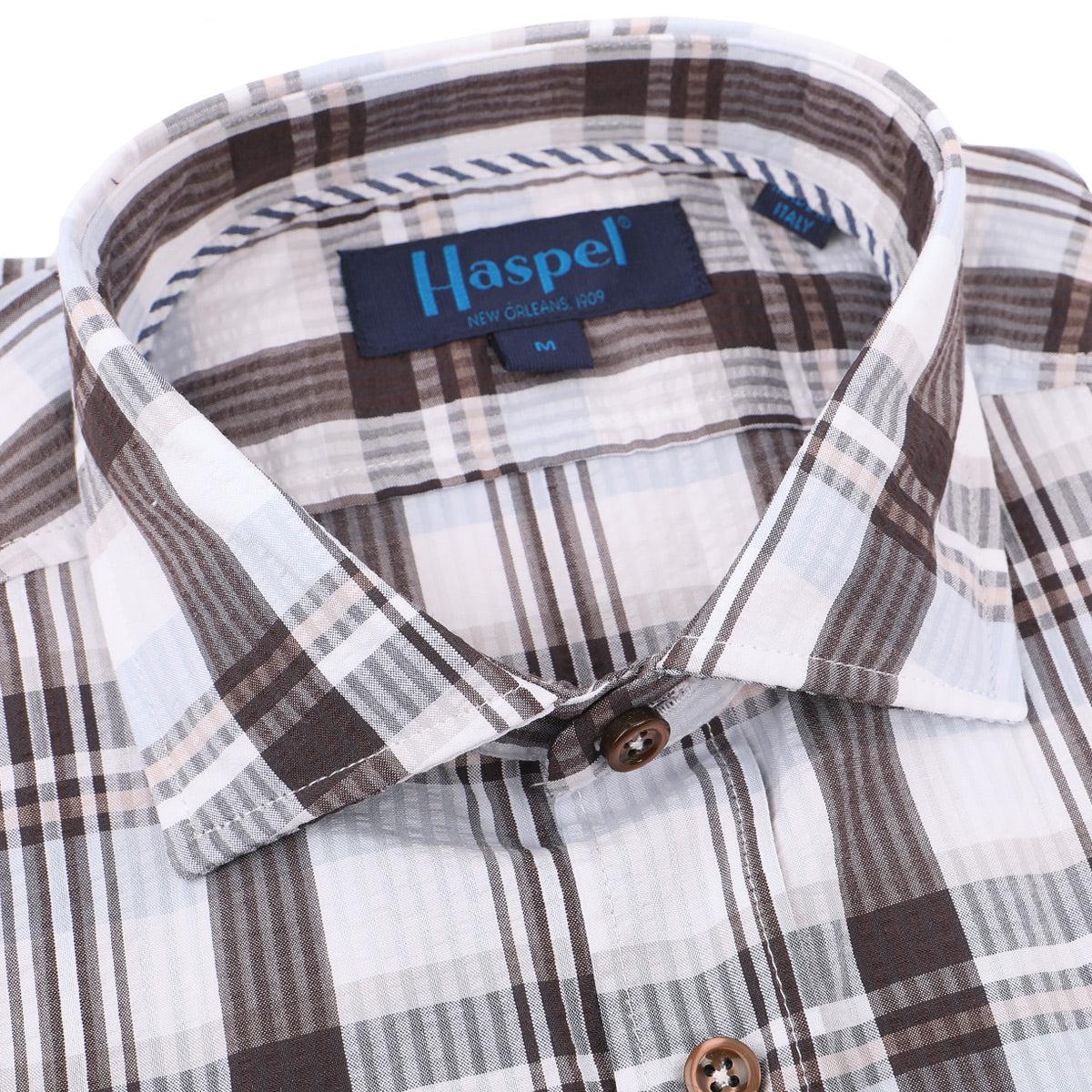 That flannel look without the flannel heat. Designed for Louisiana, enjoyed by all. Stay cool in seersucker.  100% Cotton Seersucker • Spread Collar • Long Sleeve • Chest Pocket • Machine Washable • Made in Italy