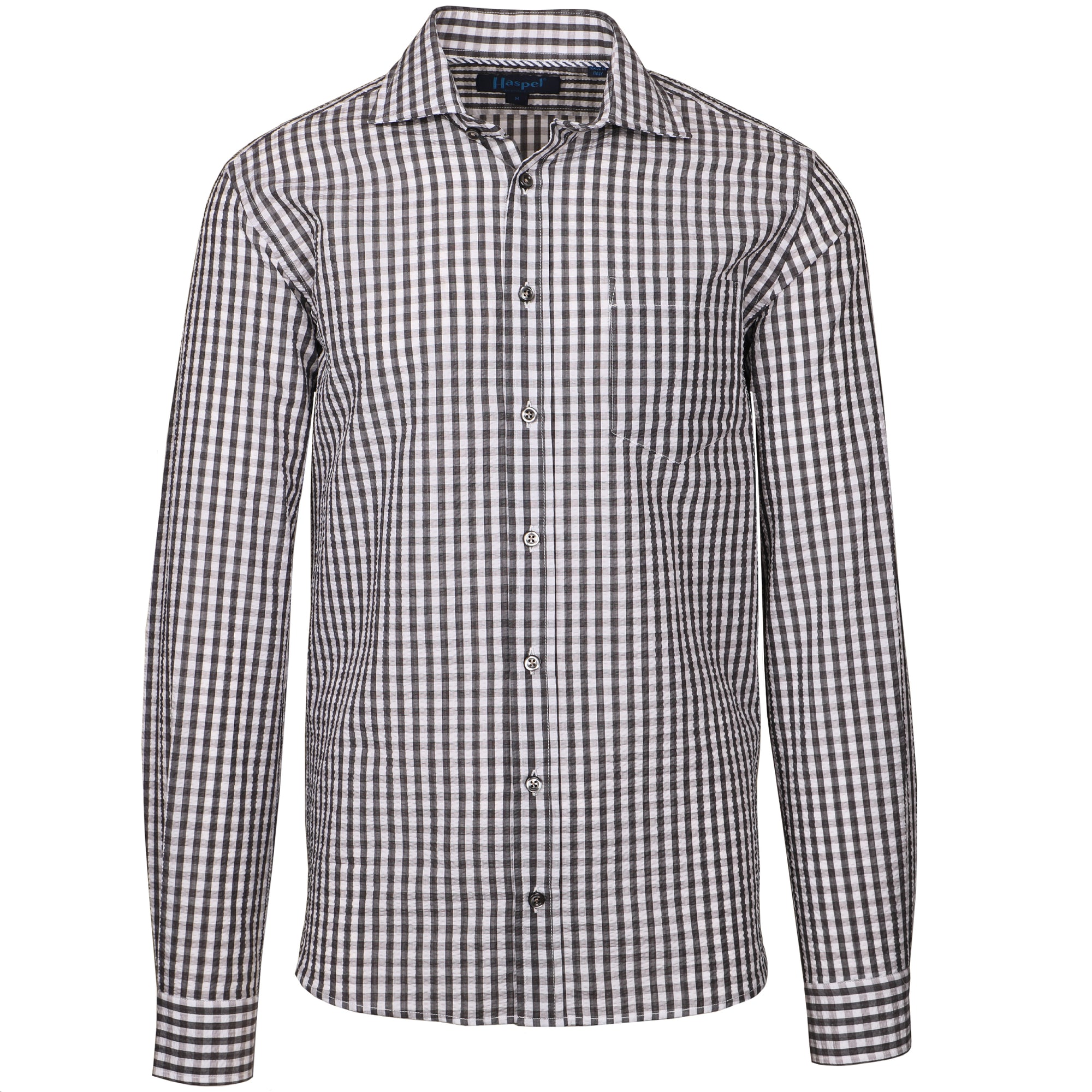 Seersucker in neutral grey check. Ready when you are and always ready for a good time.  100% Cotton Seersucker  •  Spread Collar  •  Long Sleeve  •  Chest Pocket  •  Machine Washable  •  Made in Italy  •  Return Policy