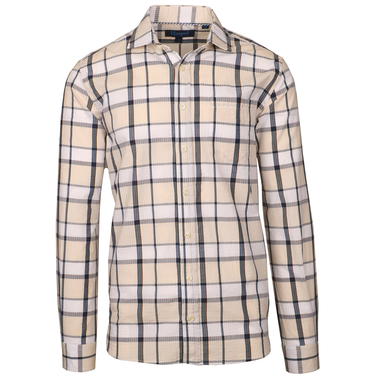 Seersucker like you&#39;ve never seen seersucker before. Tan and white wide plaid on our signature lightweight seersucker long sleeve button up.   100% Cotton Seersucker  •  Spread Collar  •  Long Sleeve  •  Chest Pocket  •  Machine Washable  •  Made in Italy  •  Return Policy