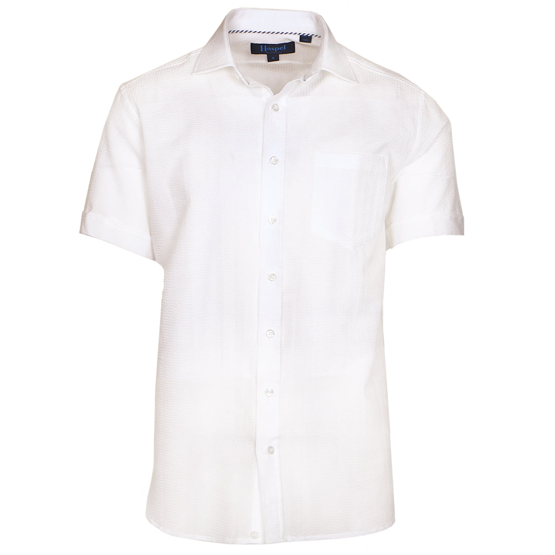 A solid look for a solid guy. THE white shirt you need this season. Seersucker, lightweight, and supremely cool. Available in short or long sleeve.  100% Cotton Seersucker  •  Spread Collar  •  Short Sleeve  •  Contrast Buttons  •  Chest Pocket  •  Machine Washable  •  Made in Italy