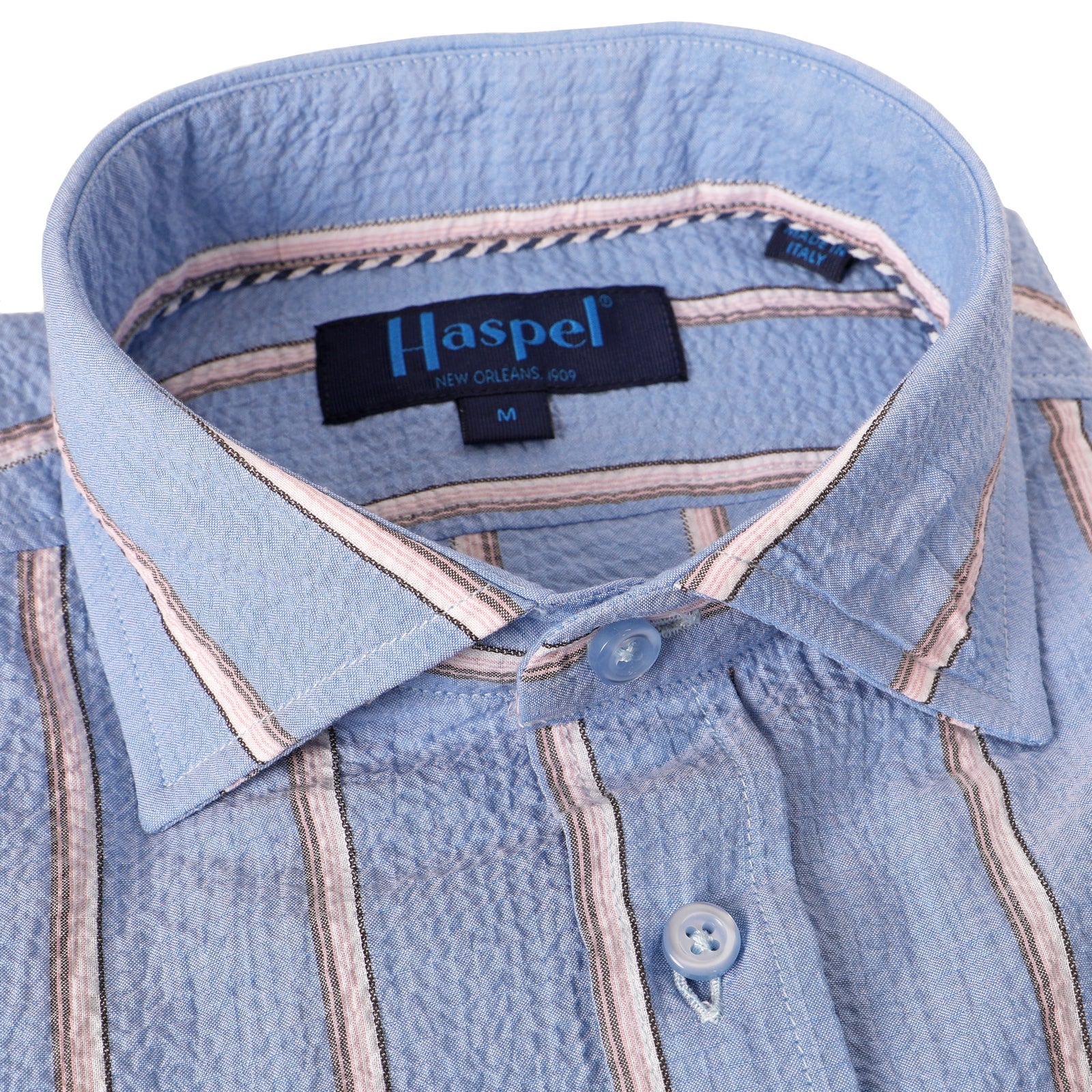 Seersucker is our game, let us help you with yours. Distinctive stripes to stand out and our unique seersucker texture to keep you cool.  100% Cotton Seersucker  •  Spread Collar  •  Long Sleeve  •  Chest Pocket  •  Machine Washable  •  Made in Italy