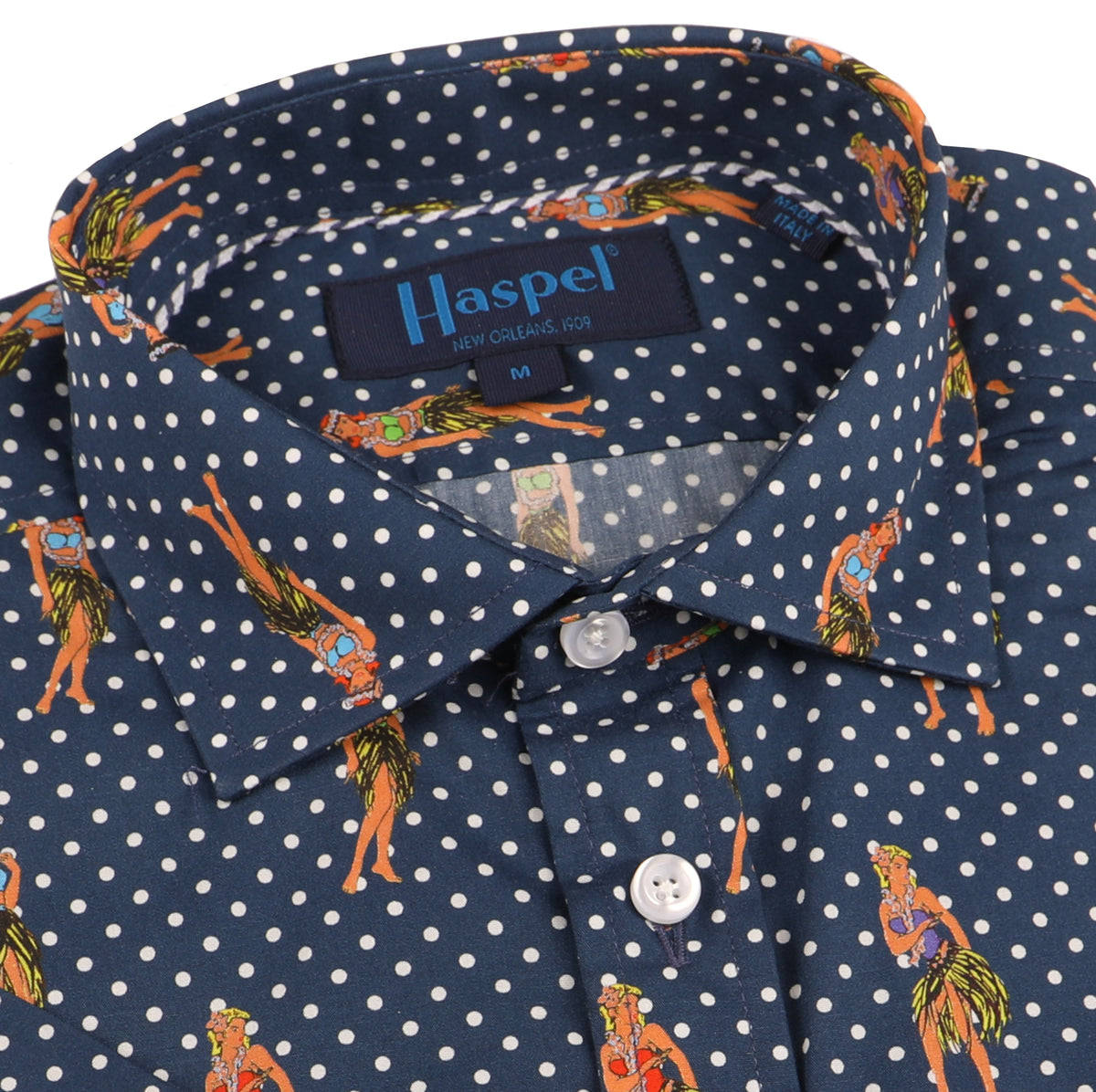 If you&#39;re in Haspel, you&#39;re ready for a good time. Our hula girls will have you saying &quot;Aloha&quot; in no time.  100% Cotton  •  Spread Collar with Removable Collar Stays  •  Short Sleeve  •  Contrast Buttons  •  Chest Pocket  •  Machine Washable  •  Made in Italy