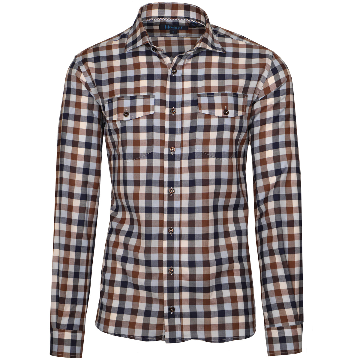 A check to make any true woodsmen proud. Deep chestnuts and cooling blues to keep you looking fresh all season long.   100% Cotton  •  Long Sleeve  •  Spread Collar  •  Two Pockets  •  Machine Washable  •  Made in Italy Return Policy
