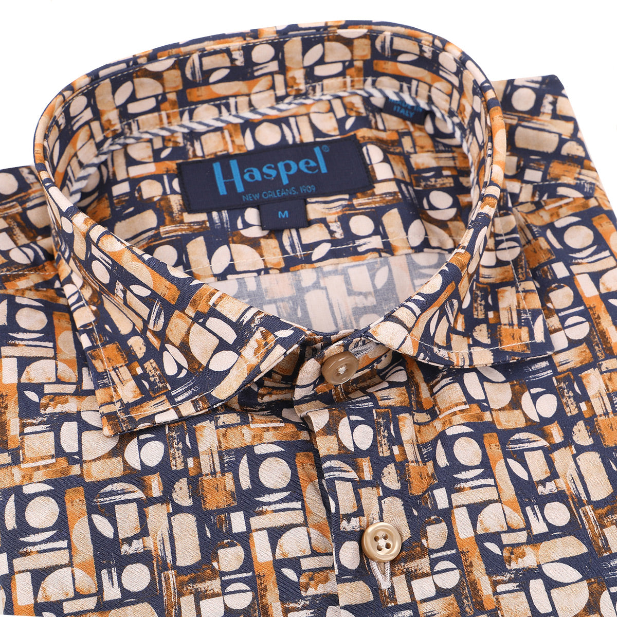 Keep things interesting and cool in cotton stretch geometric print. Unique enough to ensure conversations and good times.   100% Cotton • Spread Collar • Long Sleeve • French Placket • Machine Washable • Made in Italy