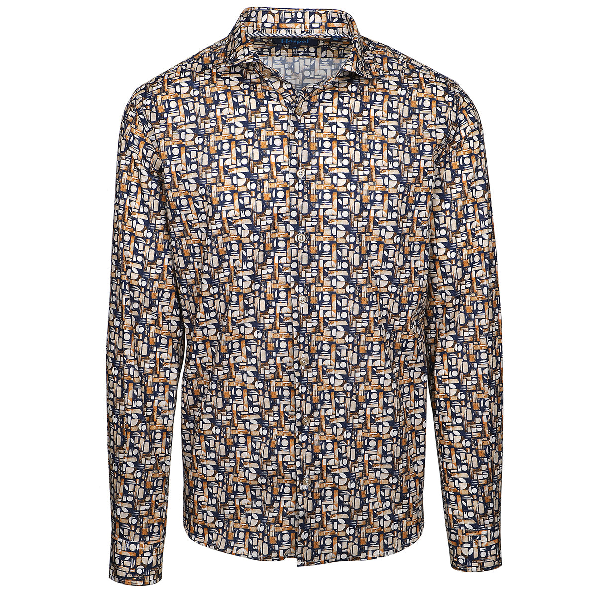 Keep things interesting and cool in cotton stretch geometric print. Unique enough to ensure conversations and good times.   100% Cotton • Spread Collar • Long Sleeve • French Placket • Machine Washable • Made in Italy