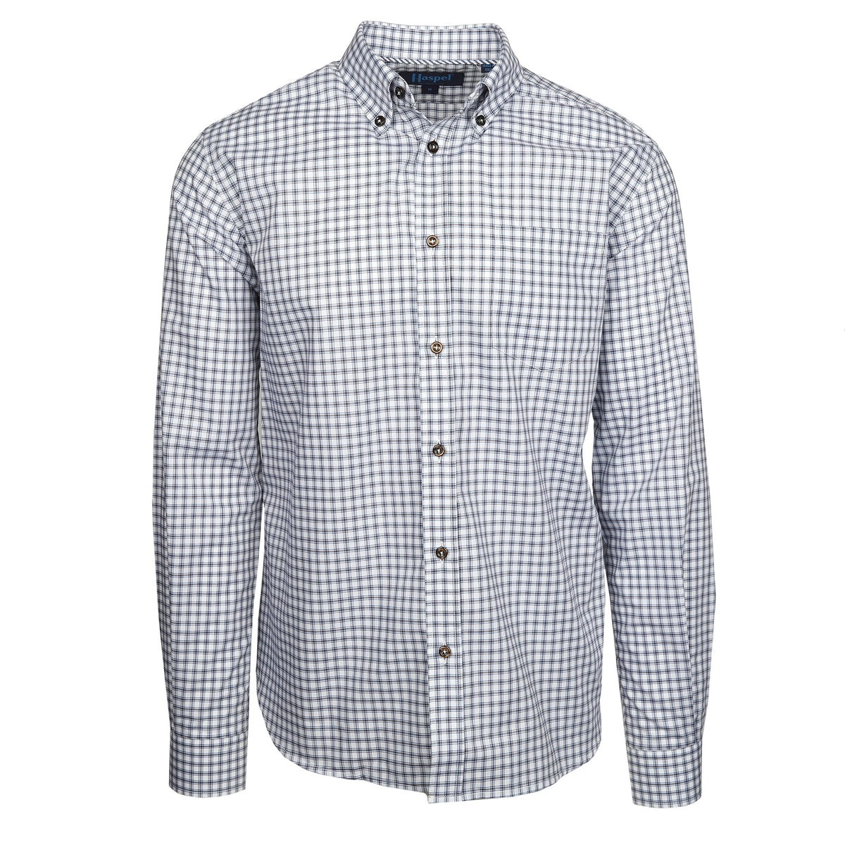 Enjoy the luxury of 100% cotton, Italian made quality, and eye-catching blue and brown graph check.  100% Cotton • Button Down Collar • Long Sleeve • Contrast Buttons • Chest Pocket • Machine Washable • Made in Italy