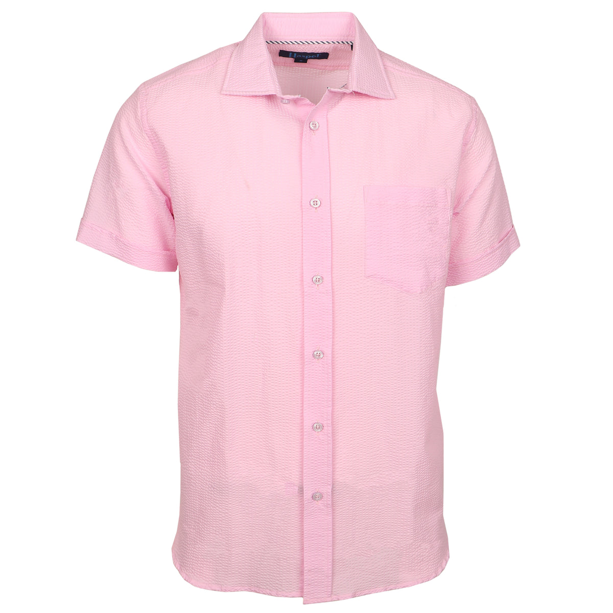 A solid look for a solid guy. The most beautiful light pink short sleeve shirt soon to be on your statuesque frame. Seersucker, lightweight, and supremely cool.