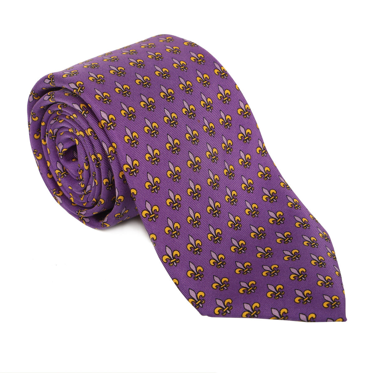 Represent like royalty in our regal 100% silk ties. Purple &amp; gold and good to geaux (go)! Tie one on so you can tie one on!  Limited Edition Haspel x NOLA Couture Exclusive Collaboration  •  100% Silk  •  3&quot; Wide  •  Seersucker Tipped and Seersucker Keeper  •  Made in USA