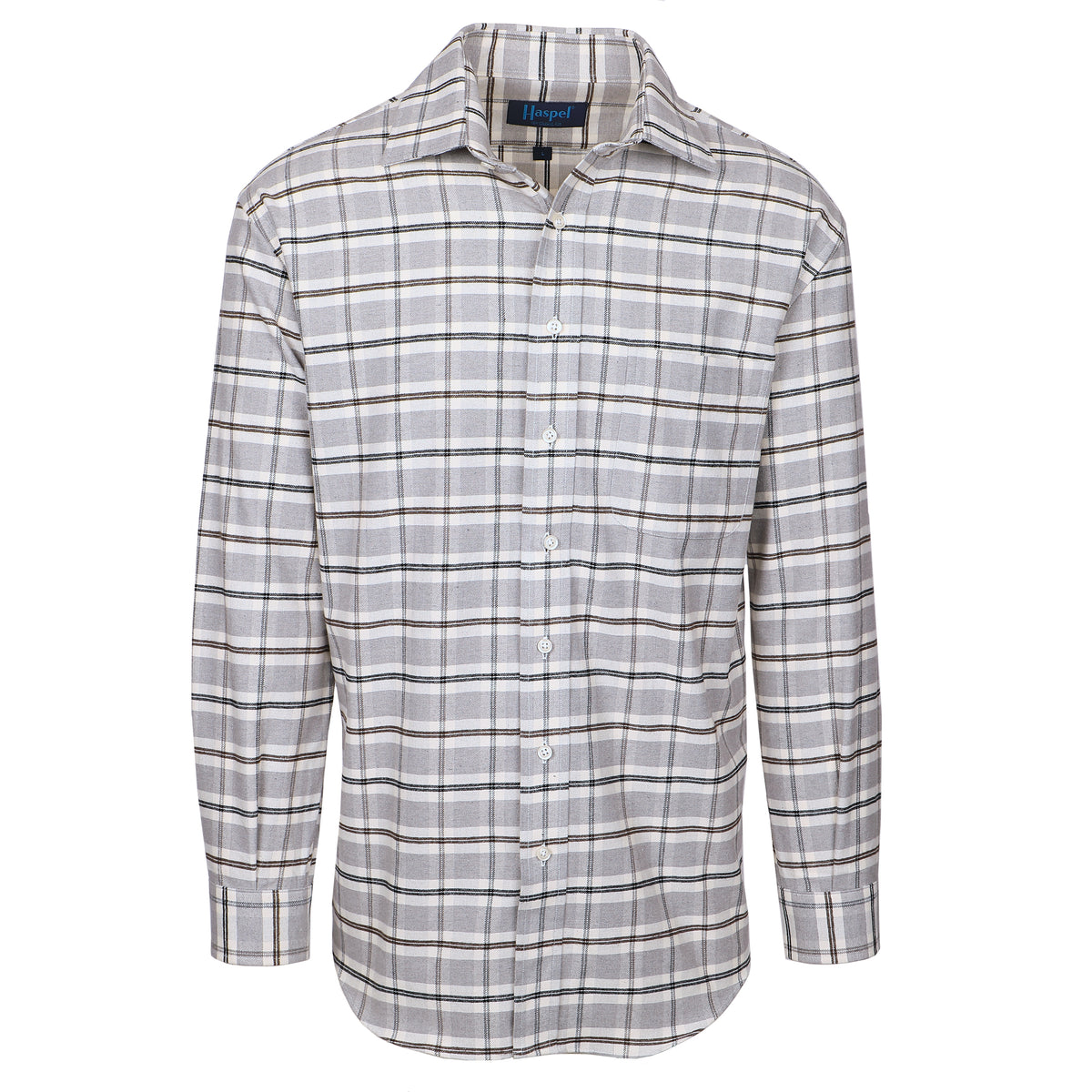 Kick it in neutral gray plaid. Classic style and brushed cotton for comfort.  100% Cotton • Long Sleeve • Spread Collar • Chest Pocket • Classic Fit 