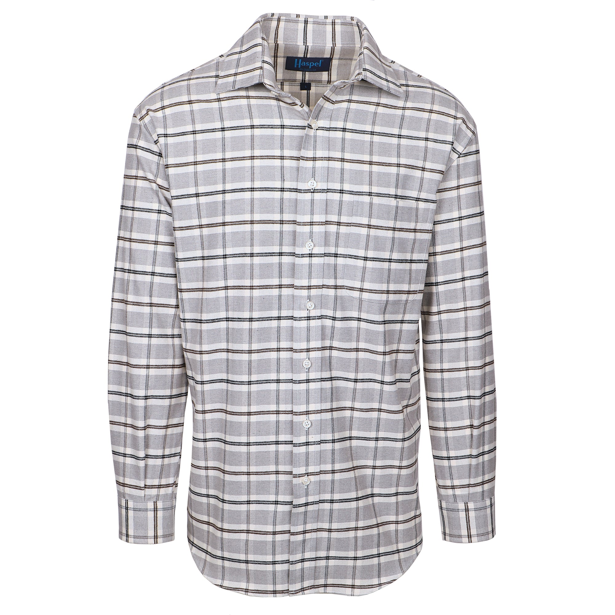 Kick it in neutral gray plaid. Classic style and brushed cotton for comfort.  100% Cotton • Long Sleeve • Spread Collar • Chest Pocket • Classic Fit 