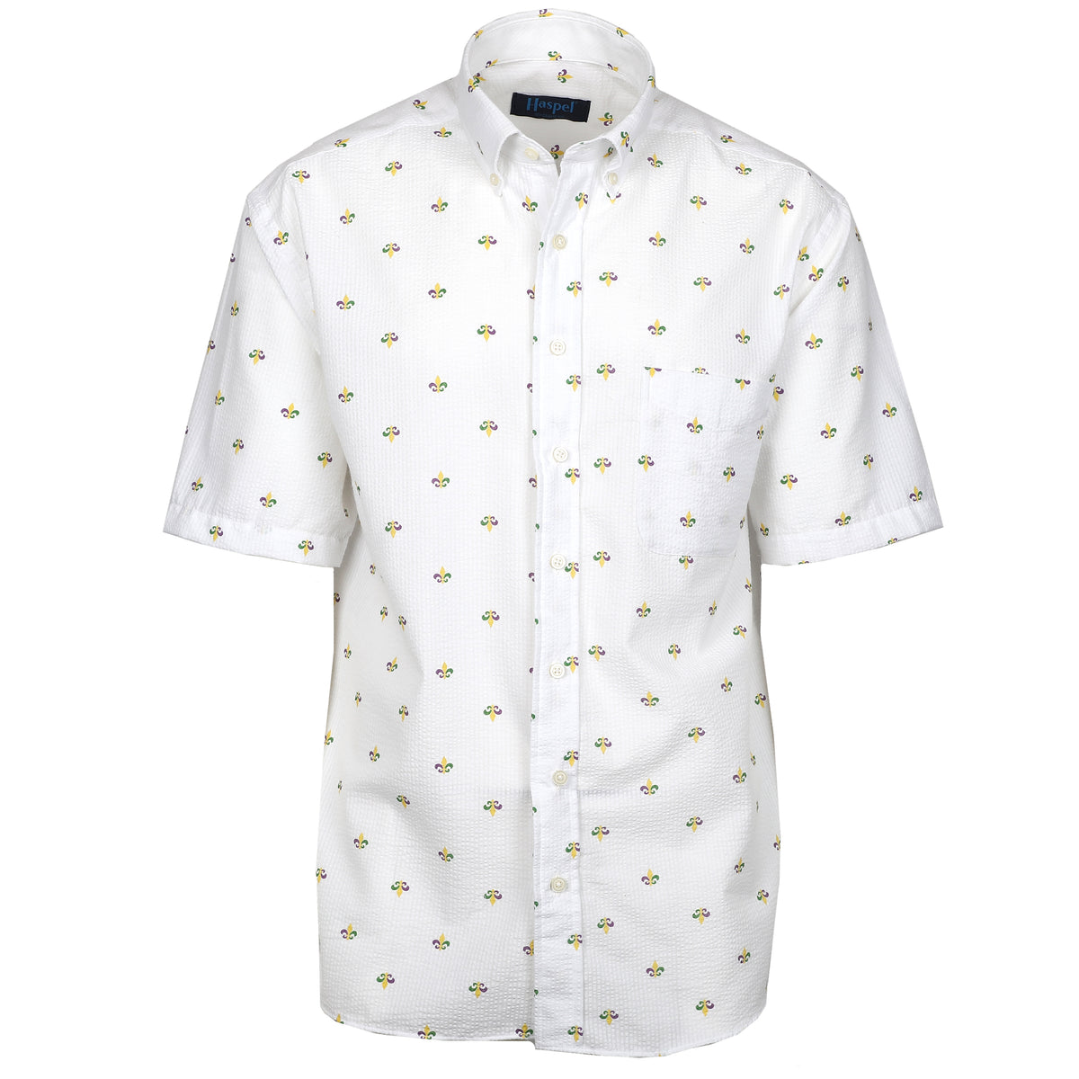 Seersucker your New Orleans style in our gorgeous white seersucker complete with regal purple, gold, &amp; green fleur de lis. Fit for a king, because you are one. Subtle, lightweight, and a texture they begs a second look.  100% Cotton Seersucker • Button Down Collar • Short Sleeve • Chest Pocket • Machine Washable • Made in Italy