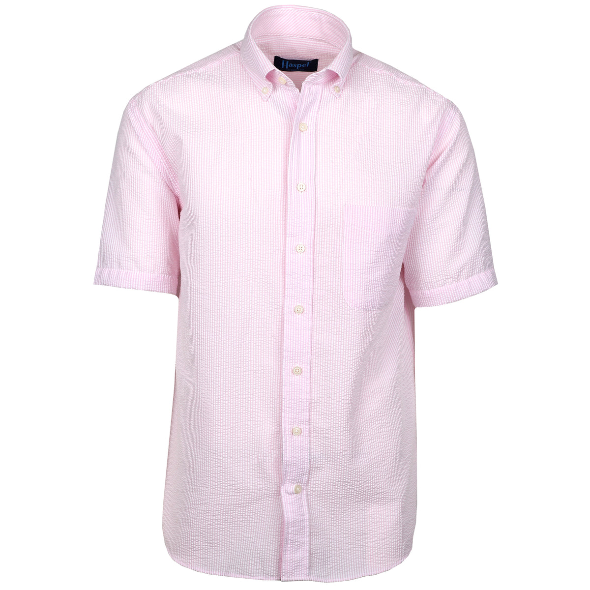 Seersucker all year long in a soft pink seersucker shirt. Subtle, lightweight, and a texture they begs a second look.  100% Cotton Seersucker • Button Down Collar • Short Sleeve • Chest Pocket • Machine Washable • Imported