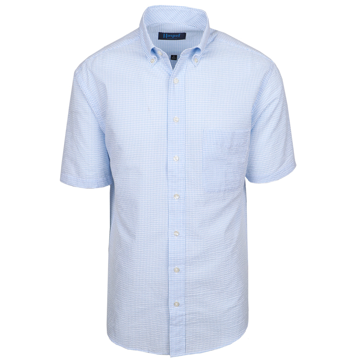 Seersucker all year long in a huey blue seersucker shirt. Subtle, lightweight, and a texture they begs a second look.  100% Cotton Seersucker • Button Down Collar • Short Sleeve • Chest Pocket • Machine Washable • Made in Italy