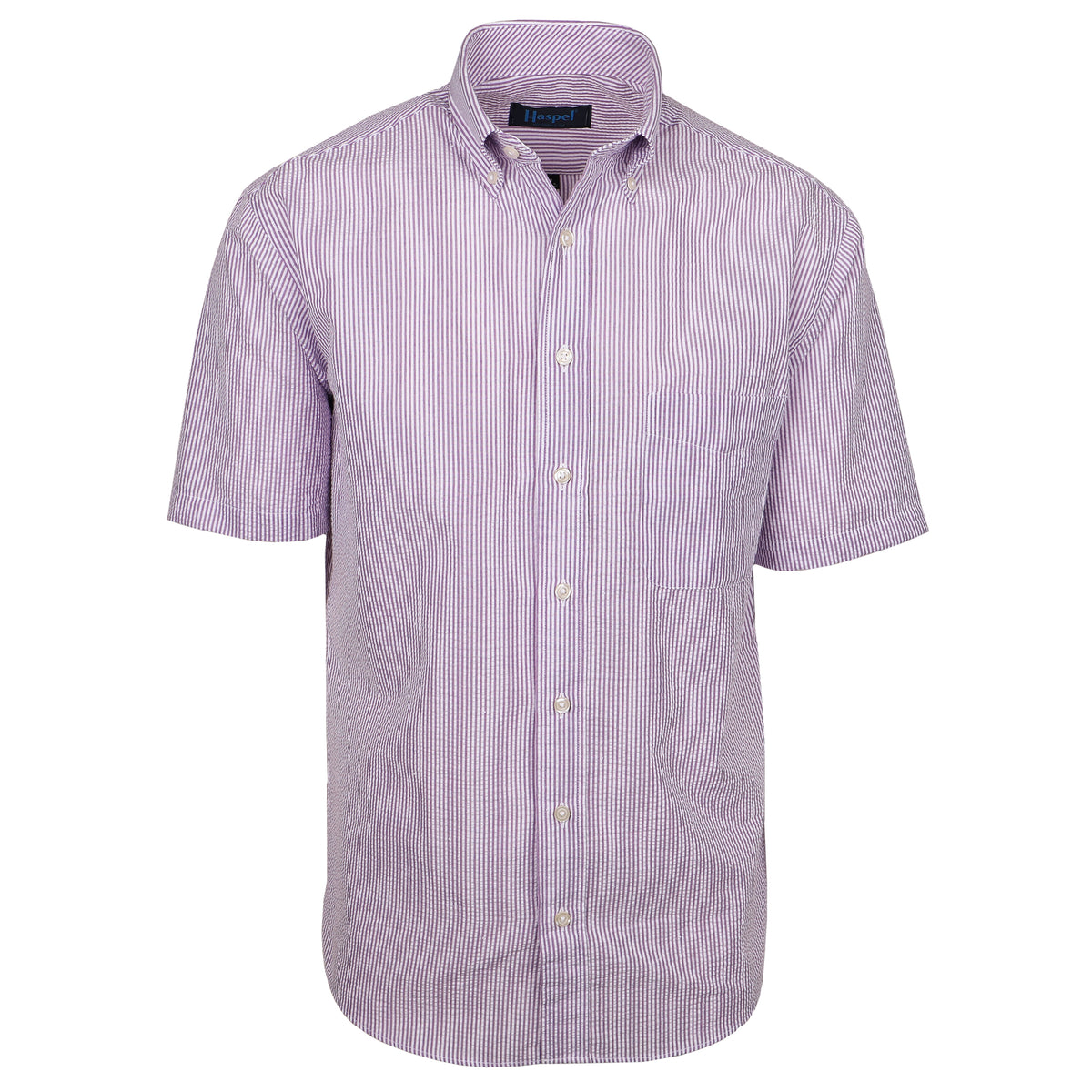 Seersucker all year long in a lavender purple seersucker shirt. Subtle, lightweight, and a texture they begs a second look.  100% Cotton Seersucker • Button Down Collar • Short Sleeve • Chest Pocket • Machine Washable • Made in Italy 