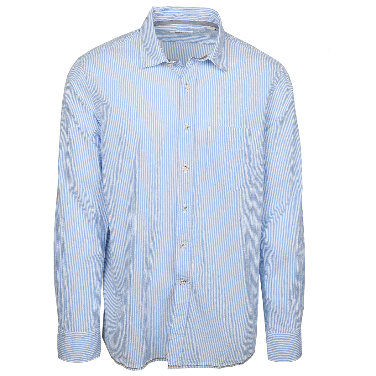 Look oh-so-cool and stay feeling hot with this Maratea Blue Seersucker Garment Dyed Long Sleeve Shirt. Crafted from lightweight seersucker fabric that&#39;s craft fully dyed for a unique look, you&#39;ll be ready for warm weather, whatever the season. Pucker up for a style that&#39;ll have onlookers in awe.  100% Cotton • Long Sleeve • Spread Collar • Button Cuff • No Chest Pocket • Machine Wash • Made in Italy 